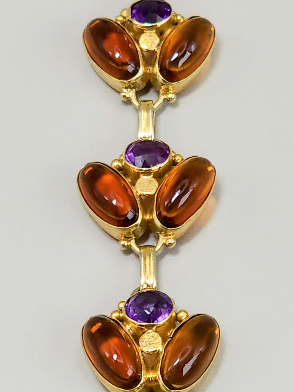 Antique 14k Yellow Gold Natural Amethyst & Amber Handmade Bracelet Leaf 7″ 15g