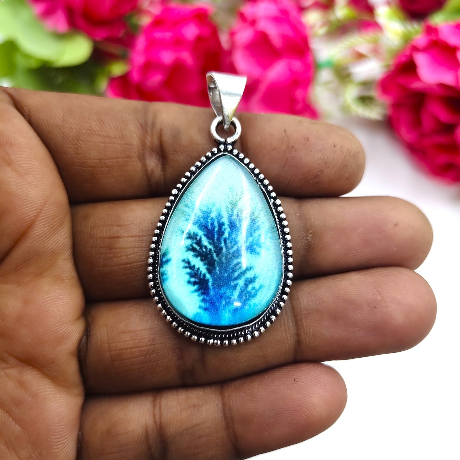 Dendritic Agate Gemstone Handmade 925 Sterling Silver Jewelry Pendant Sz-1.75″