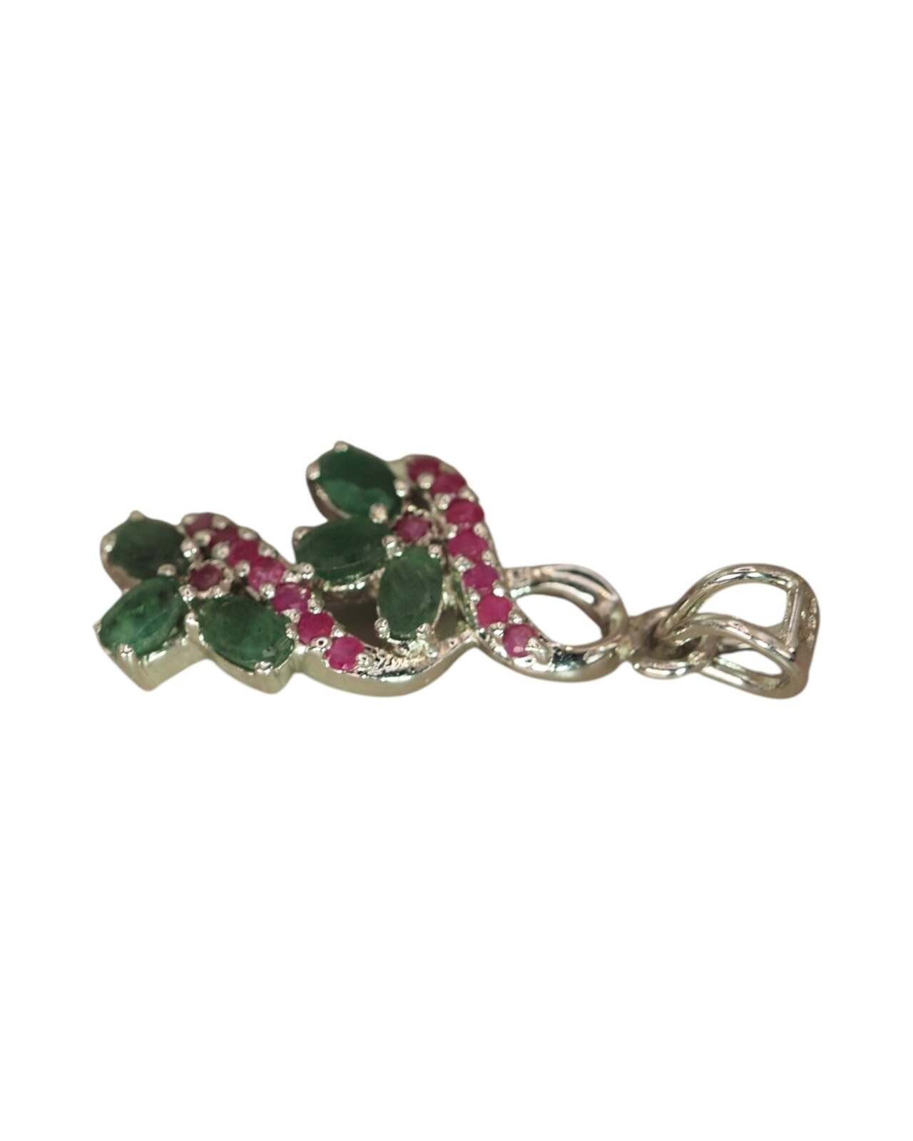 Sterling Silver Green & Red Gemstone Floral Vine Pendant