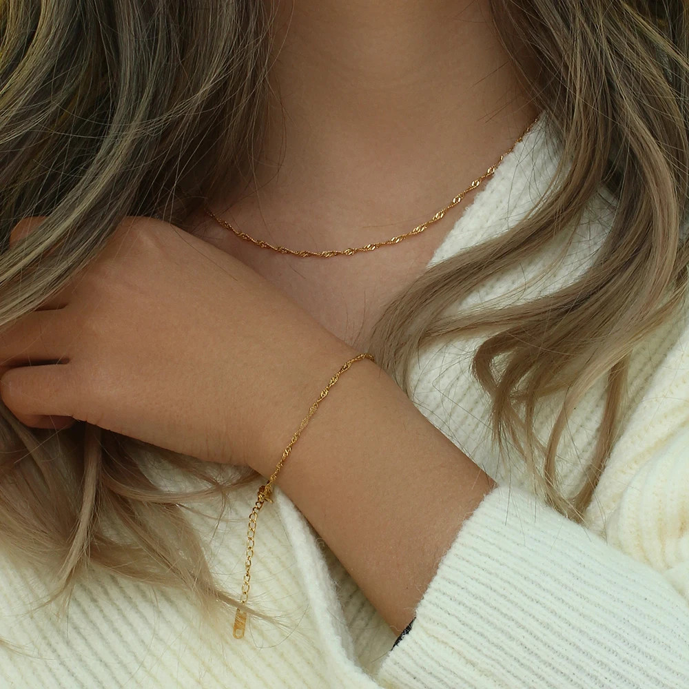 Gold Plated Bracelet Water Wave Stainless Steel Chain Polished Finish Jewelry
