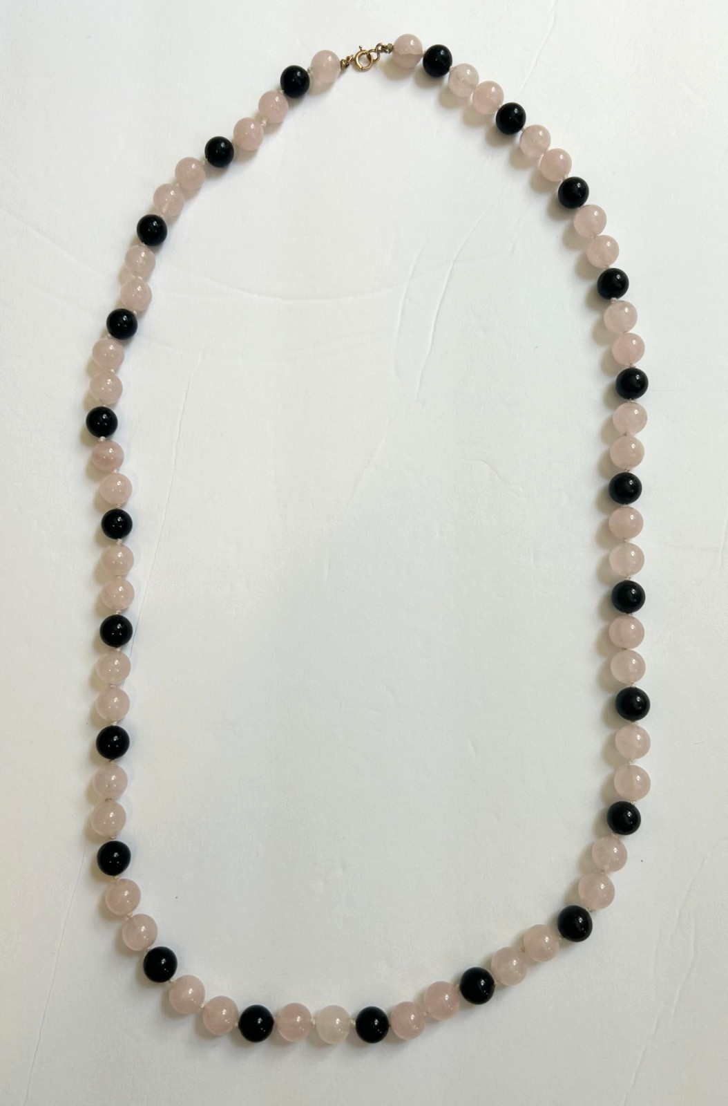 Vintage Rose Quartz Black Onyx Beaded Necklace With 14K Gold Clasp 30″ In Length