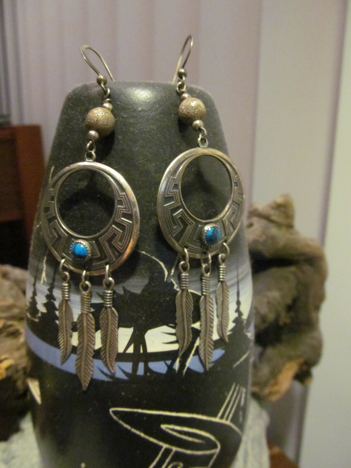 Vtg WM WHEELER MANUFACTURING Sterling Silver 925 Turquoise Feather Hook Earrings