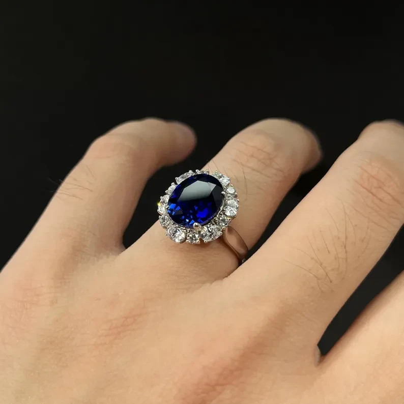 3.40 Ct Oval Natural Sapphire Diamond Engagement Ring 14K White Gold Size 7.5