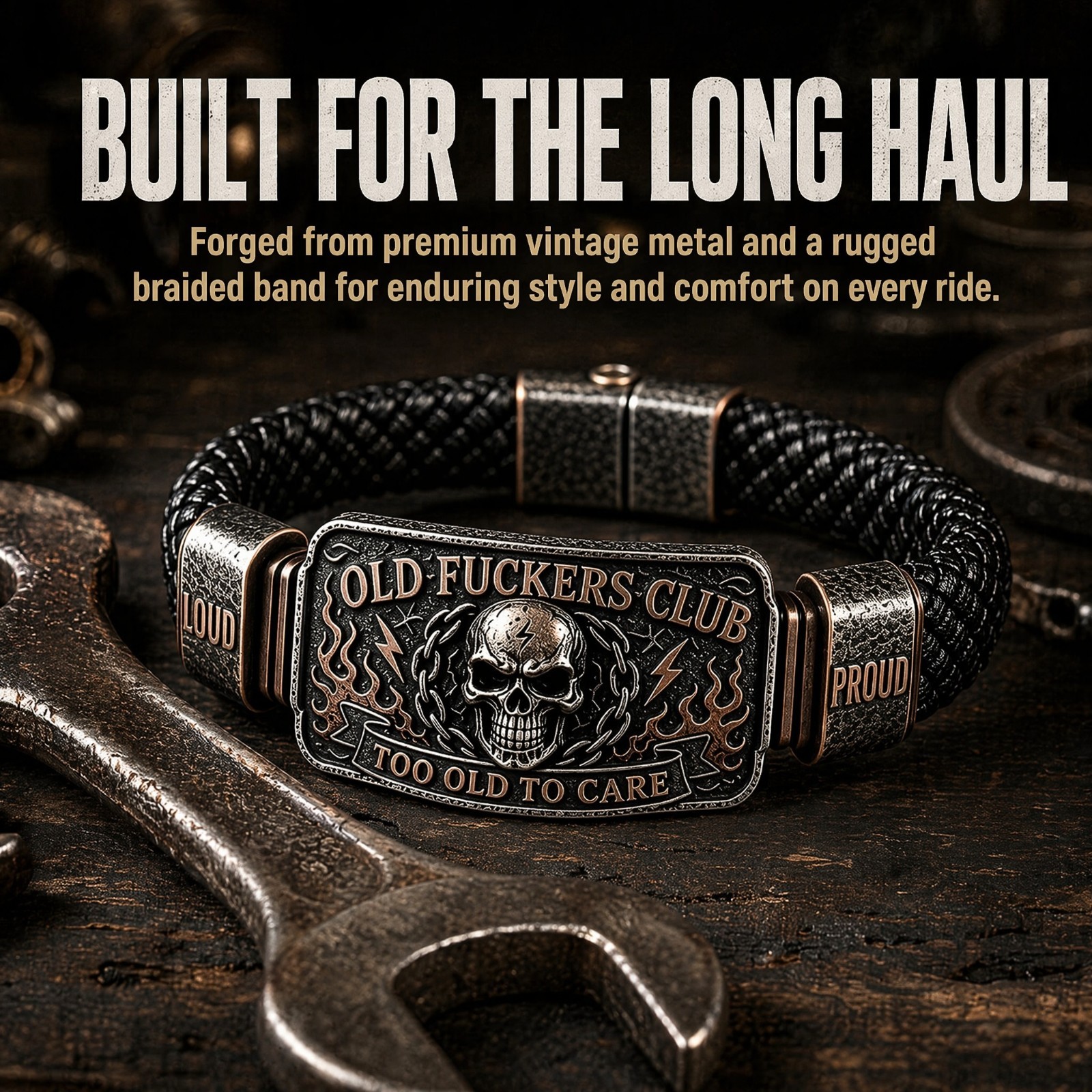 Old Fokers Club Skull Flame Biker Braided Bracelet, Gift for Dad Biker Men
