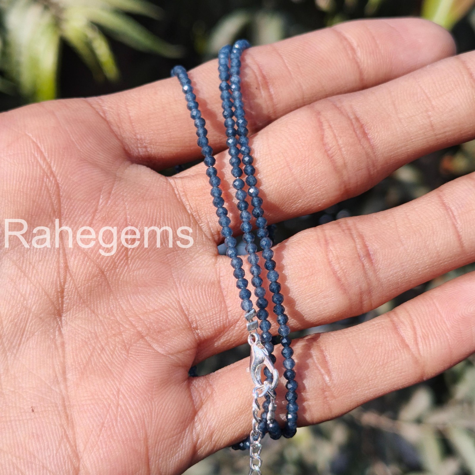 Blue Sapphire Necklace 2mm Micro Faceted Beads, Dainty Real Gemstone Choker, Min