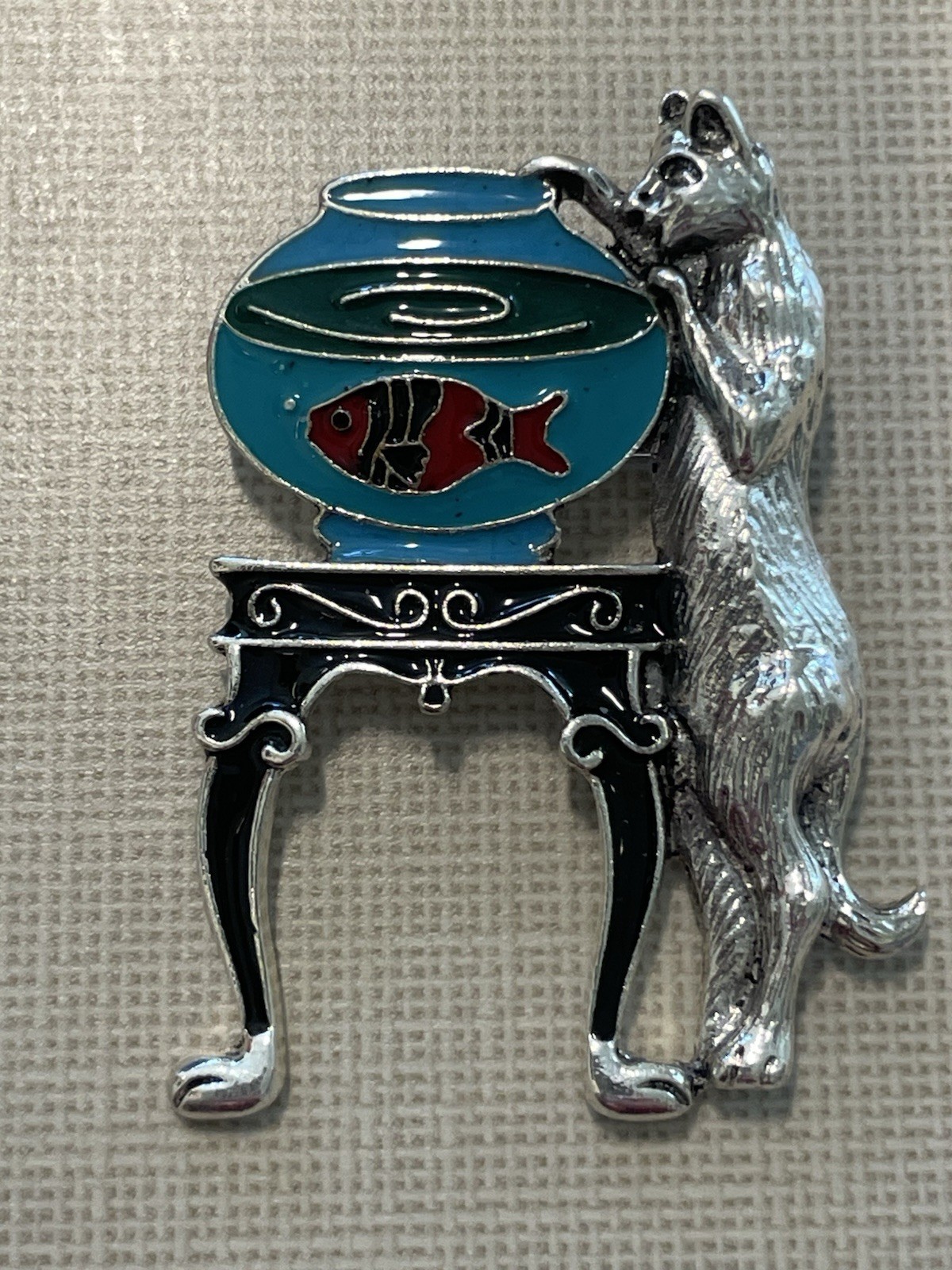 Vintage Cat & Fishbowl Brooch Silver Tone Enamel Kitty Fishing Figural Pin