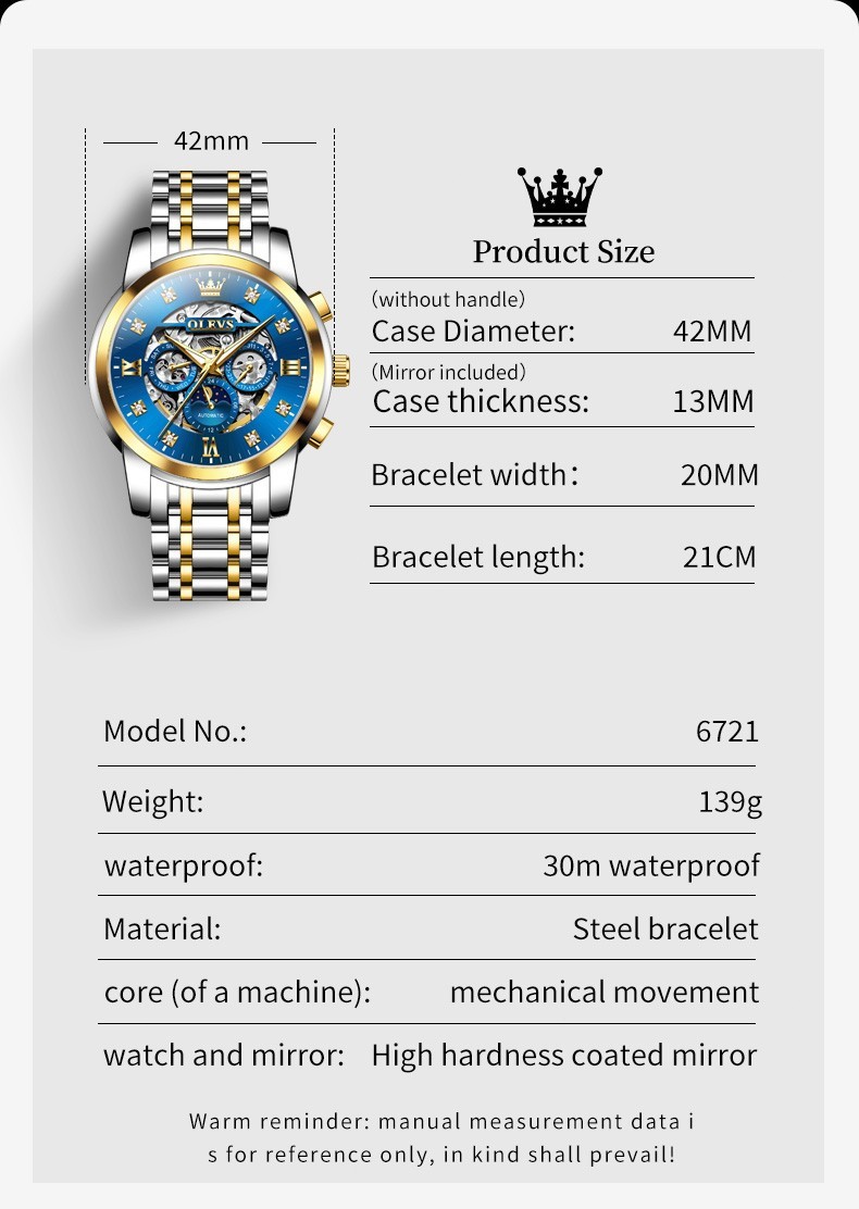 OLEVS 6721 Hollow Multifunction Dial Fashion Men Automatic Mechanical Wristwatch