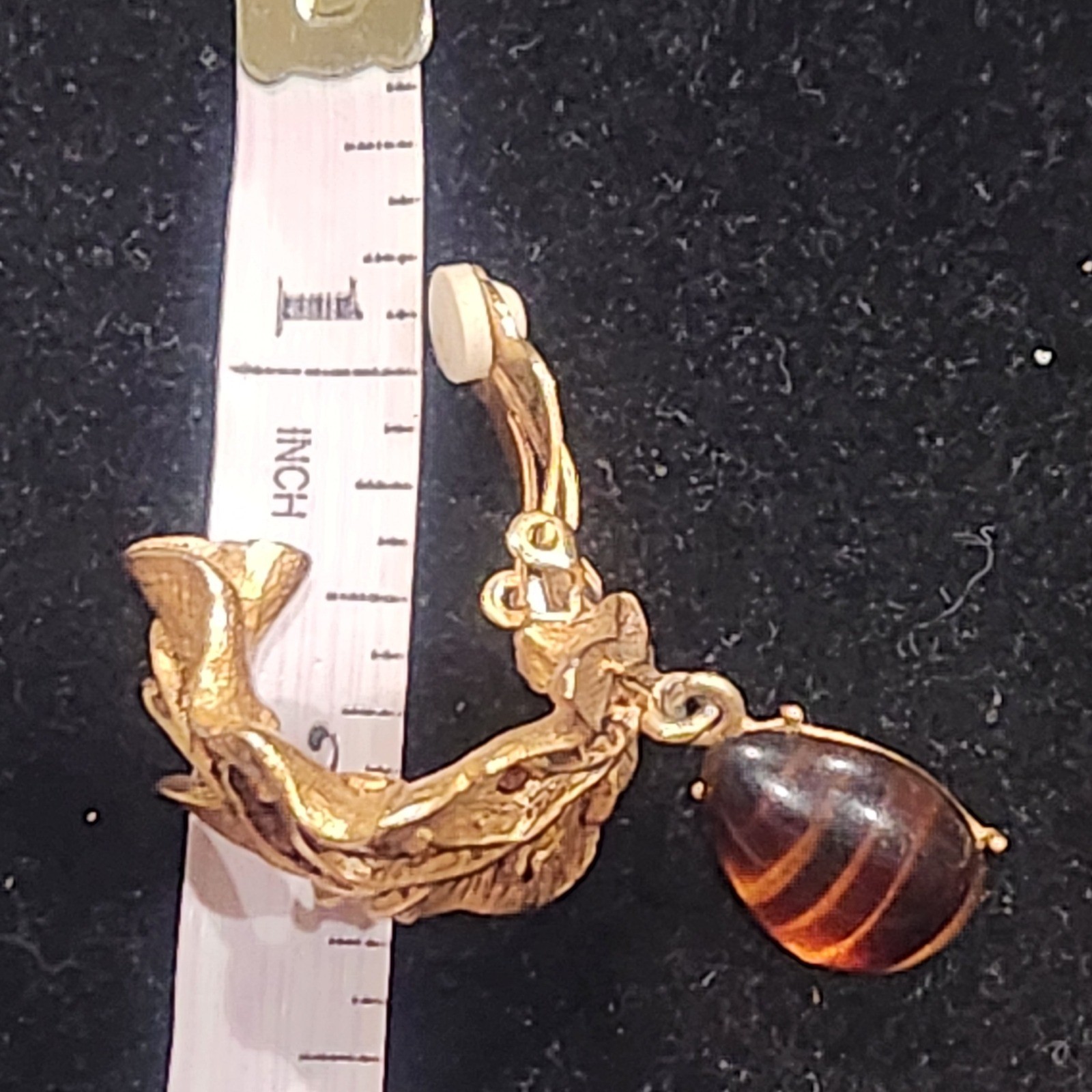 Oscar de la Renta Gold Leaf Crystal Dangle Clip On Earring Amber Tiger Eye Resin