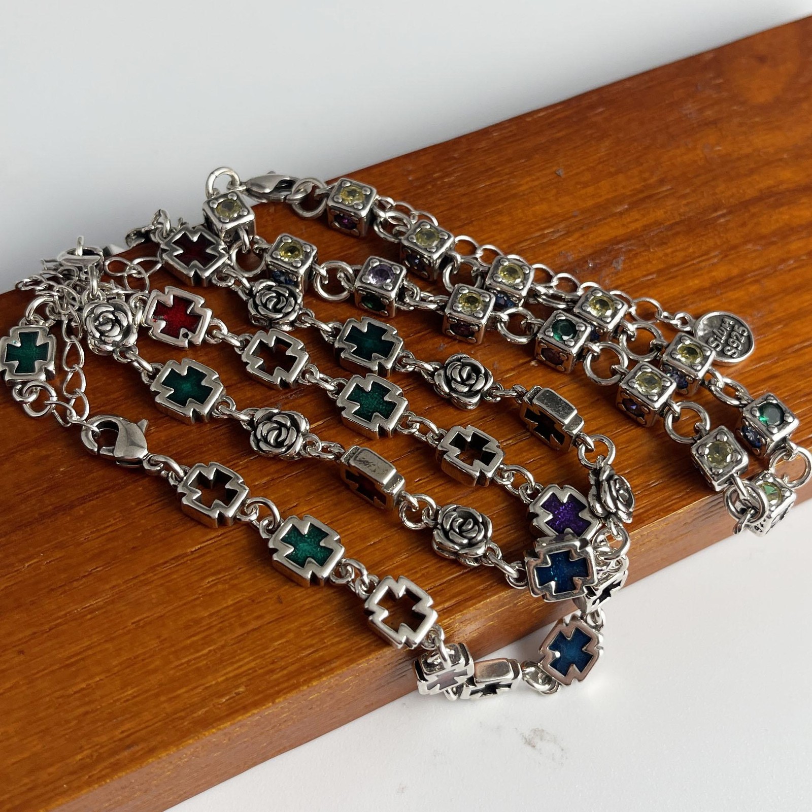 Solid 925 Sterling Silver Retro Cross Bracelet Vintage CZ Handmade Unisex Gift