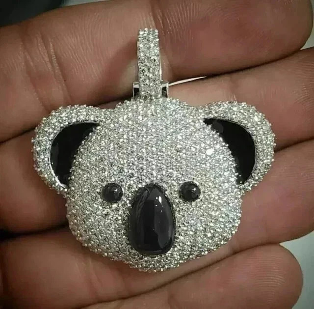 7Ct Round Cut White Moissanite Men’s Panda Pendant 14K White Gold Plated