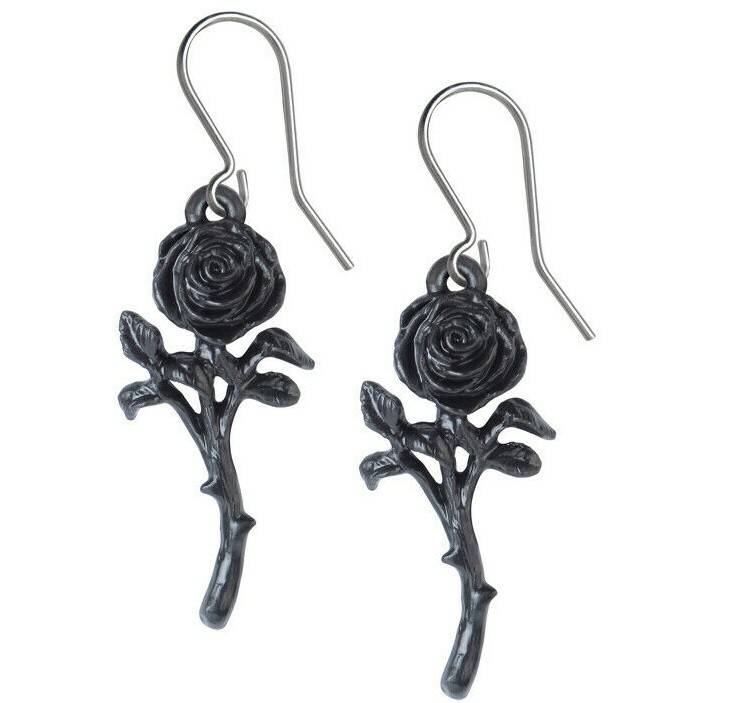 The Romance of the Black Rose Earrings Dangling Hooks Alchemy Gothic E421 New