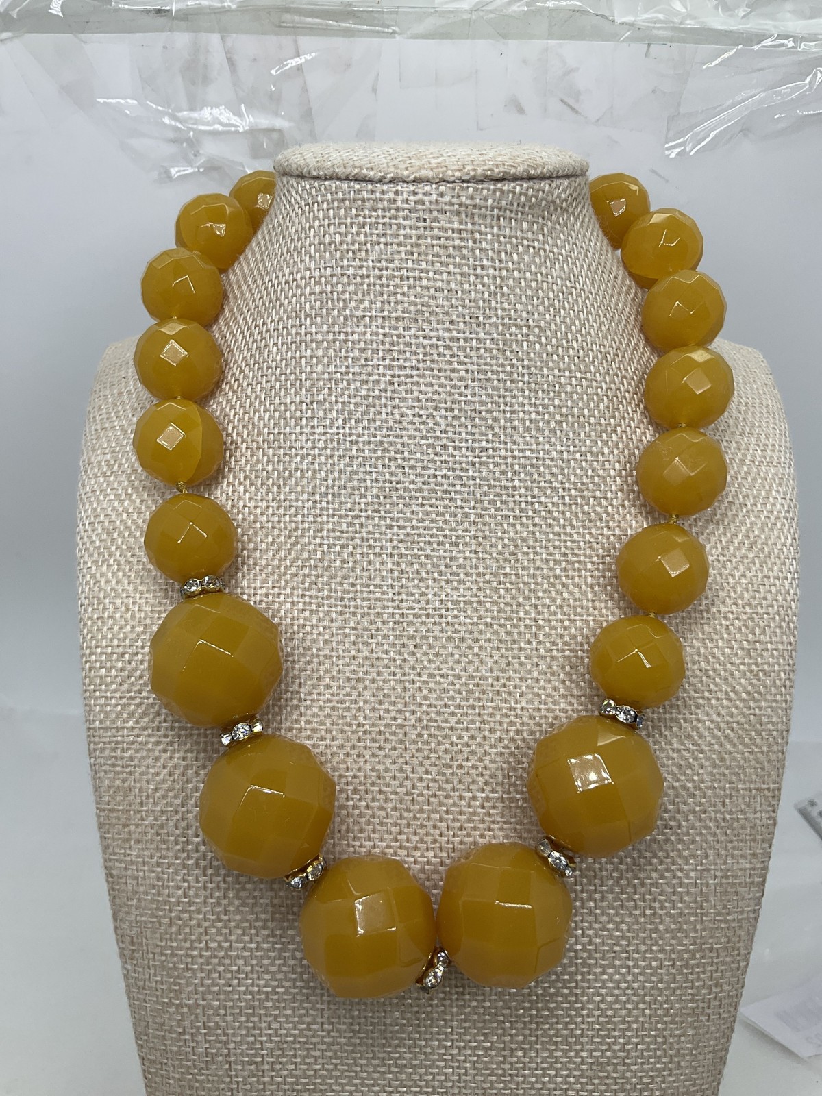 J. Crew Mustard Yellow Faceted Bead Statement Necklace Gold Tone Rhinestone