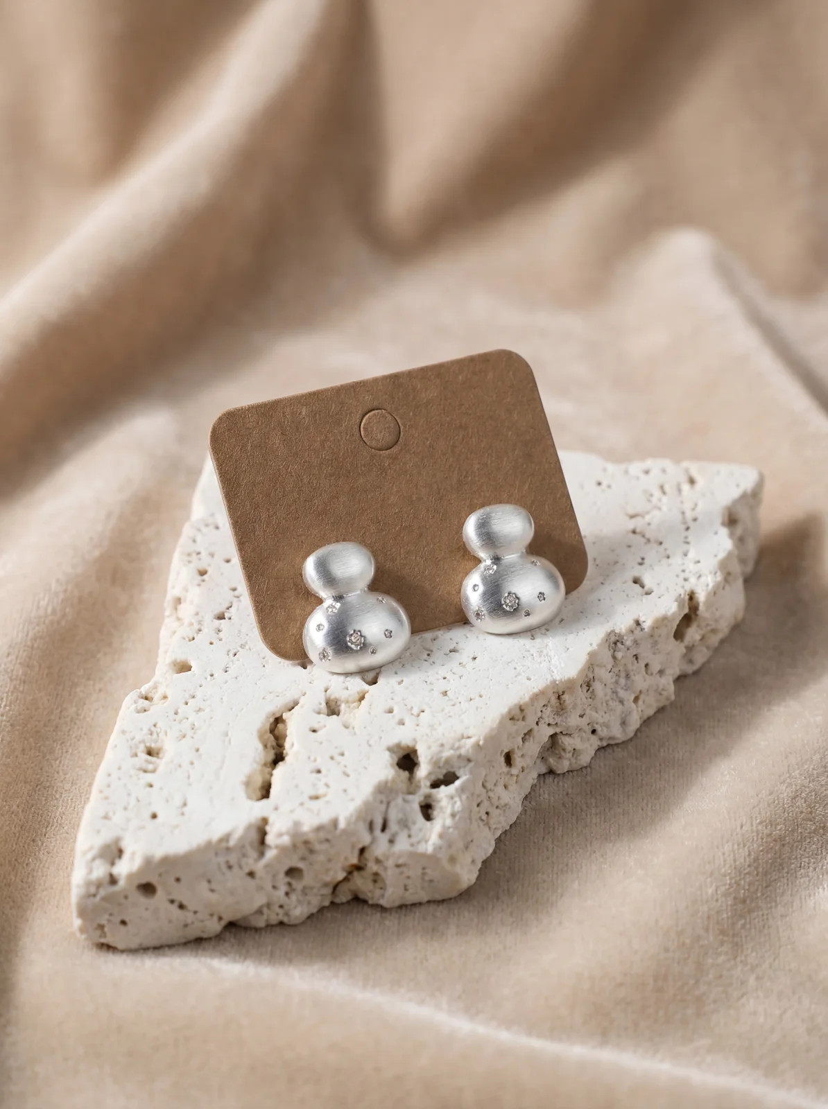 Silver Tone Celestial Gourd Stud Earrings Matte Finish Starburst Crystals