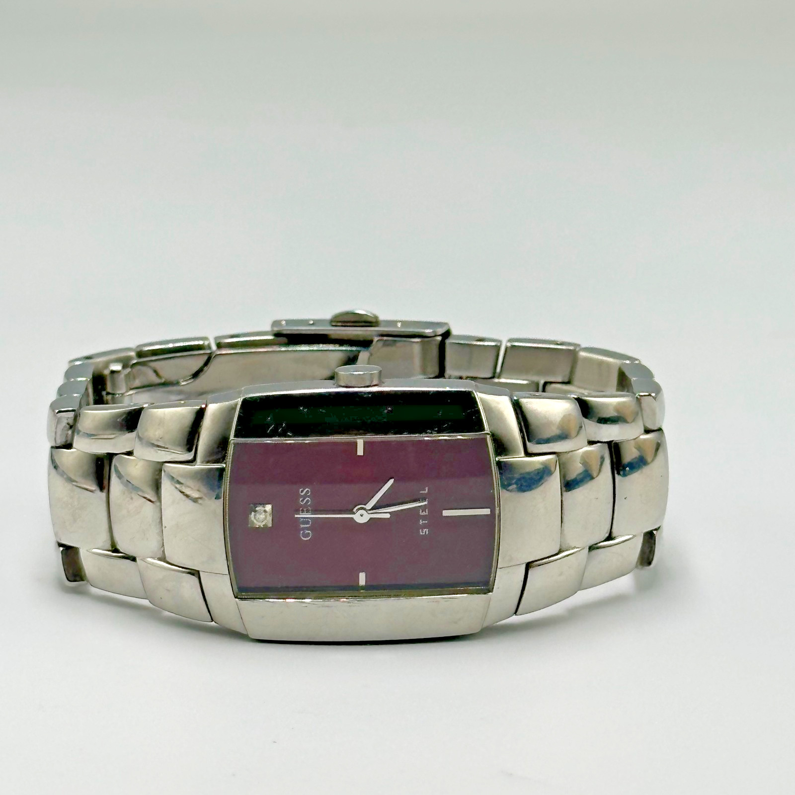 Guess Steel Watch Men Maroon Dial Barrel Case Water Resistant New Battery 7.25″