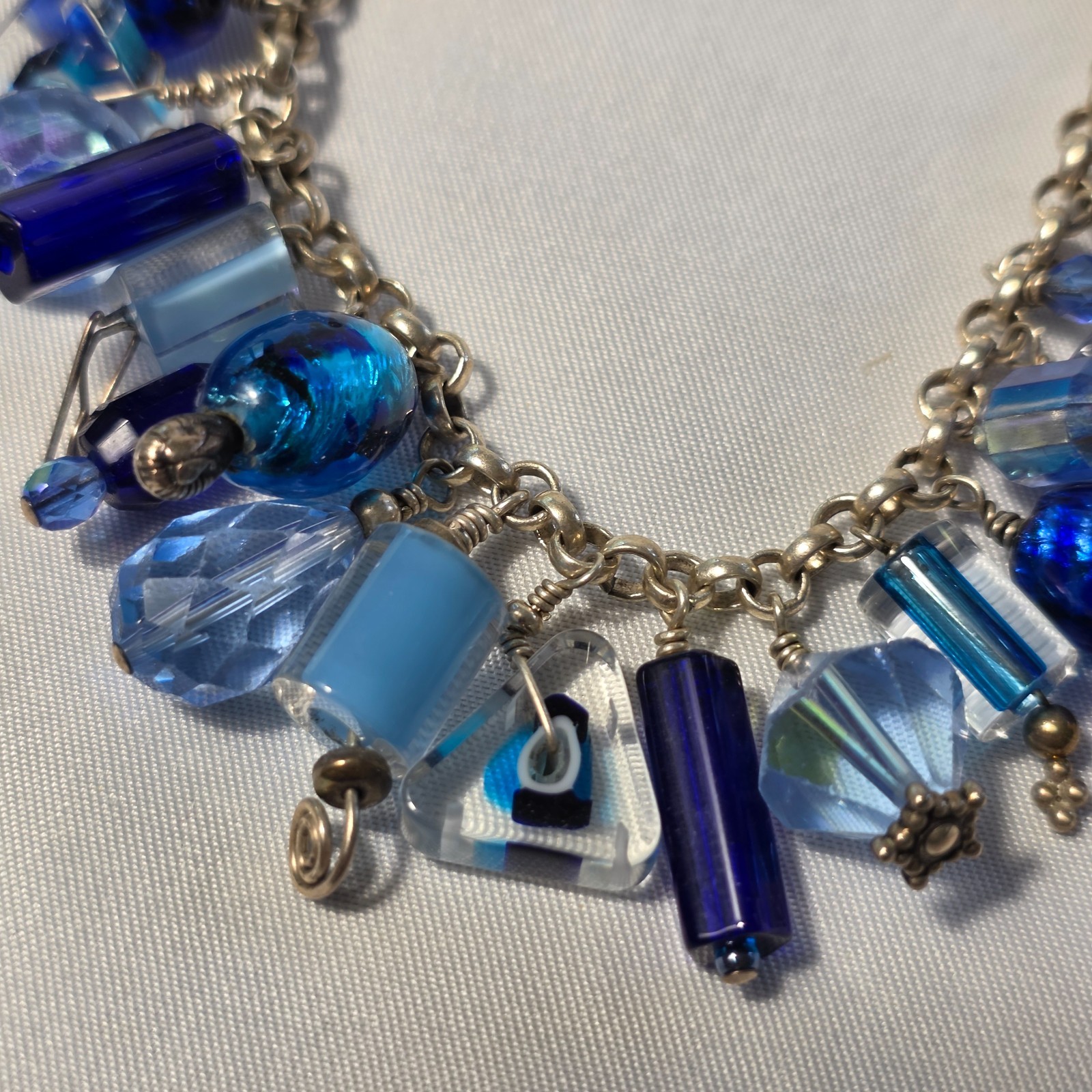 925 Sterling Silver Beaded Dangle Bracelet Cobalt Blue & Light Blue Glass Beads