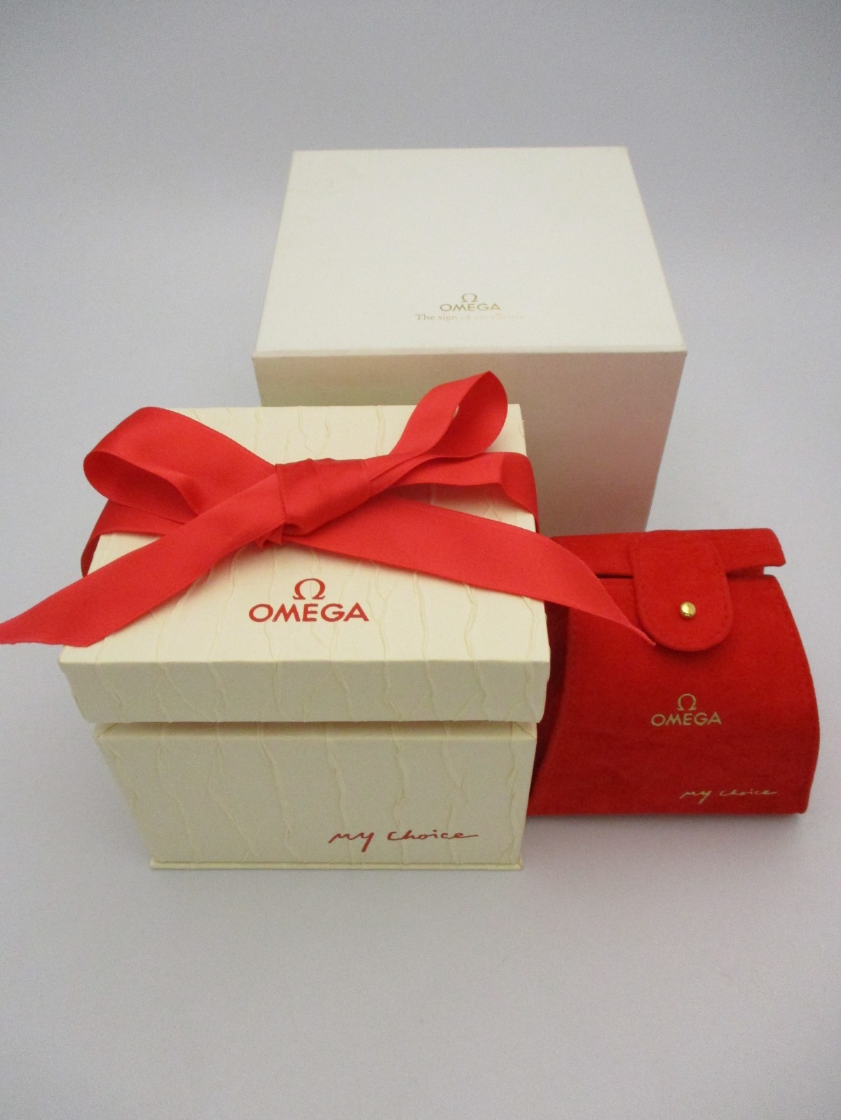 OMEGA White/Cream Watch Box Set with Red Interior Pouch Pillow Ribbon + Cartons