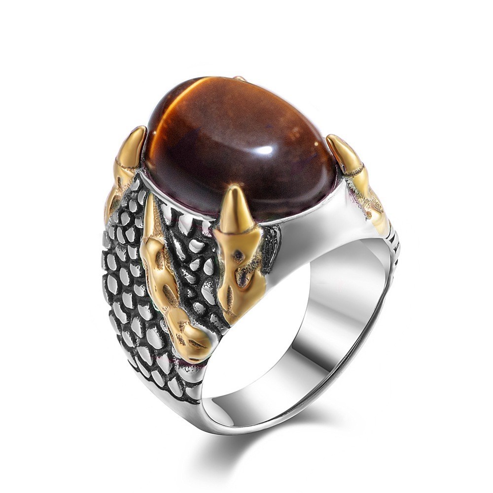 Vintage Silver Stainless Steel Dragon Gold Claw Eagle Claw Eye Ring Men’s Ring