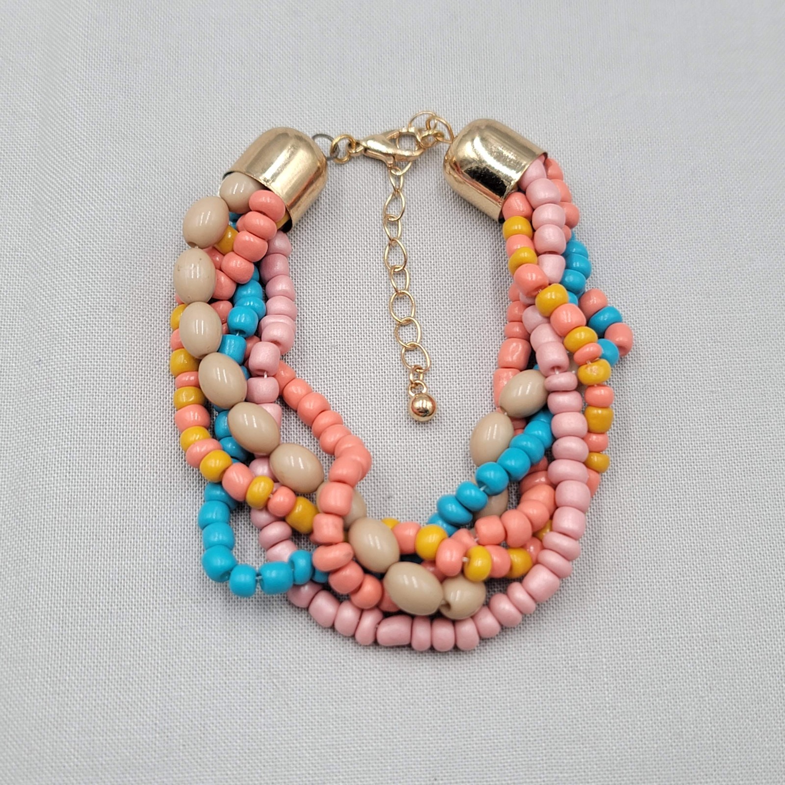 Pink Blue Orange Tan Bead Bracelet Gold tone 6.5″ – 8″