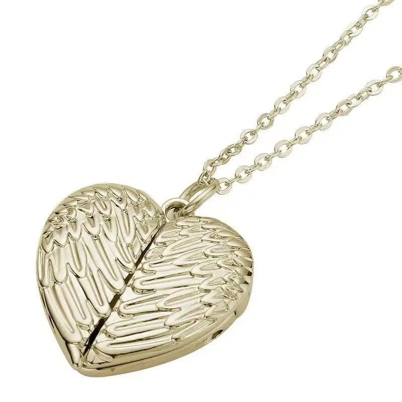 Angel Wings Heart Photo Locket Necklace DIY Memory Pendant Gift for Women Antiqu