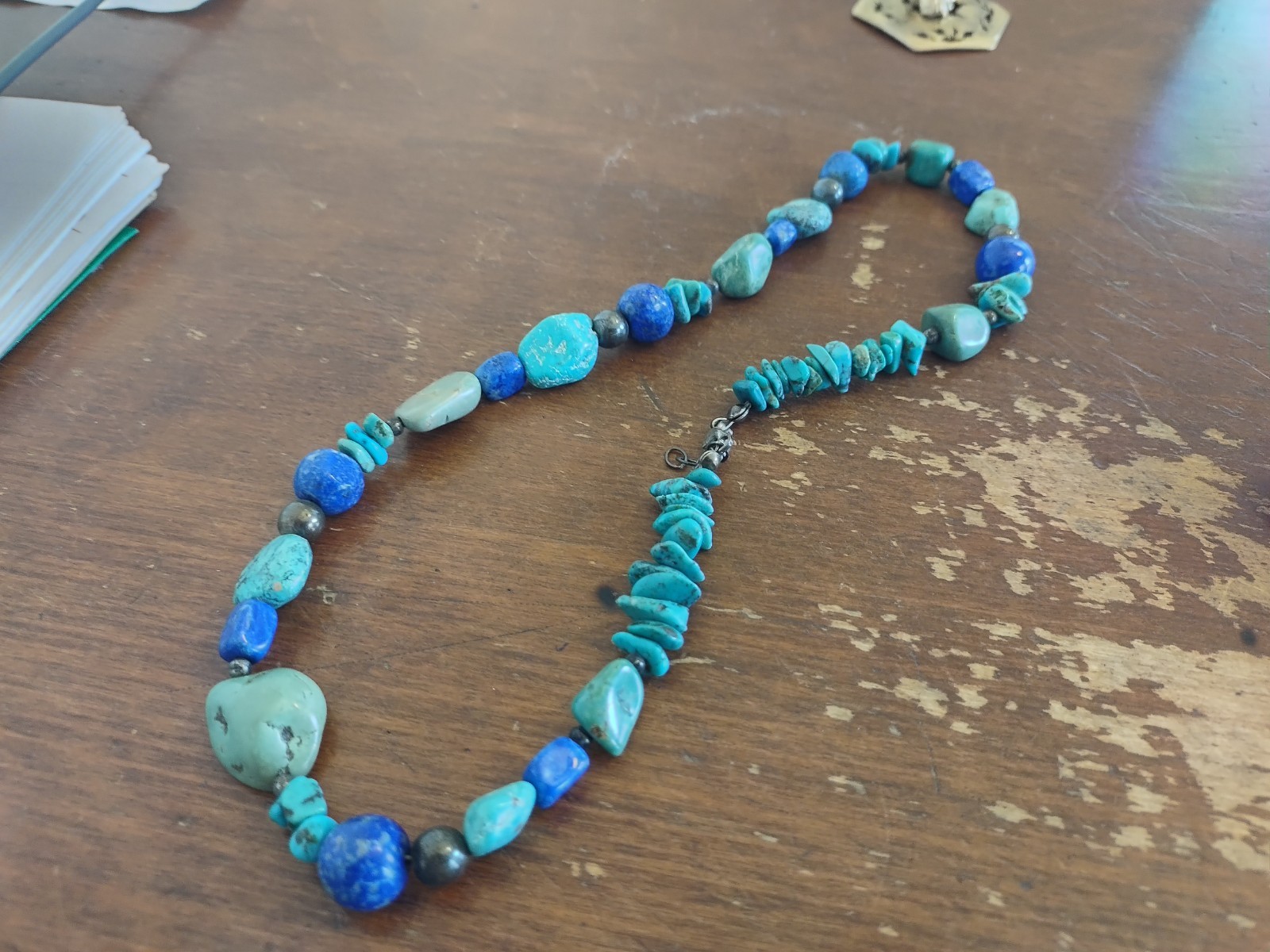 Tourqouise and Lapis nugget necklace, 16”, lobster clasp. VGC