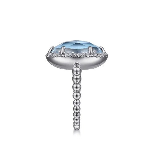 Gabriel & Co SS Oval Rock Crystal & Turquoise Signet Ring W/White Sapphire Halo