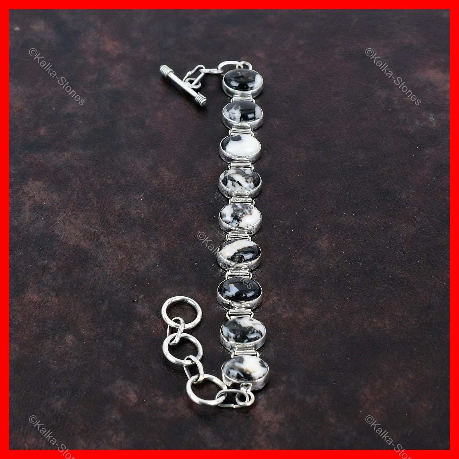 925 Sterling Silver White Buffalo Turquoise Stone Chain Bezel Bracelet Jewelry