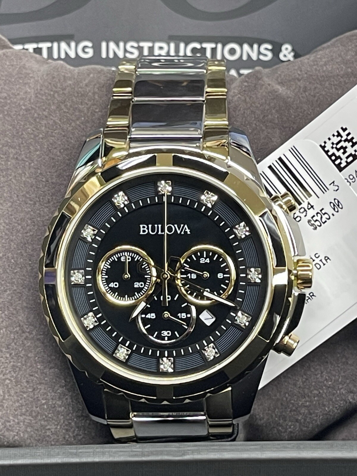 $525 BULOVA 98D132 TWO-TONE STAINLESS STEEL DIAMOND ACCENT CHRONOGRAPH WATCH 44