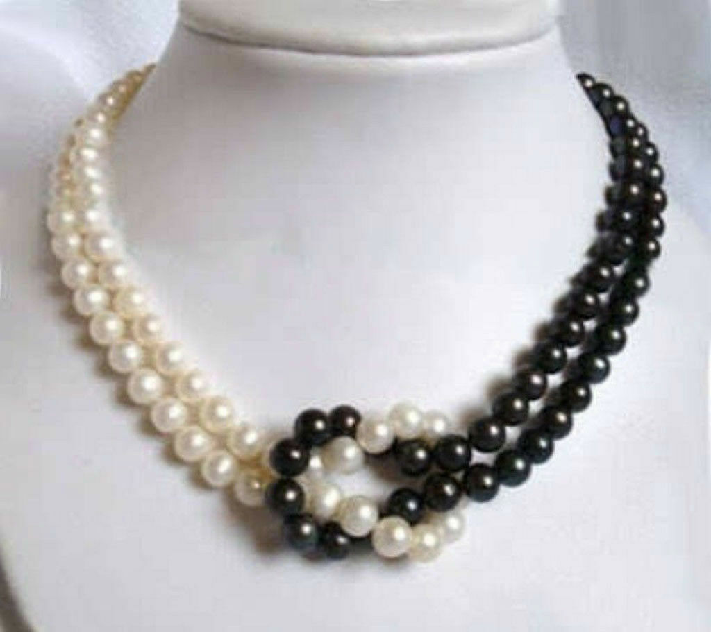 2 Rows 7-8mm Natural White & Black Akoya Freshwater Pearl Necklace 20”