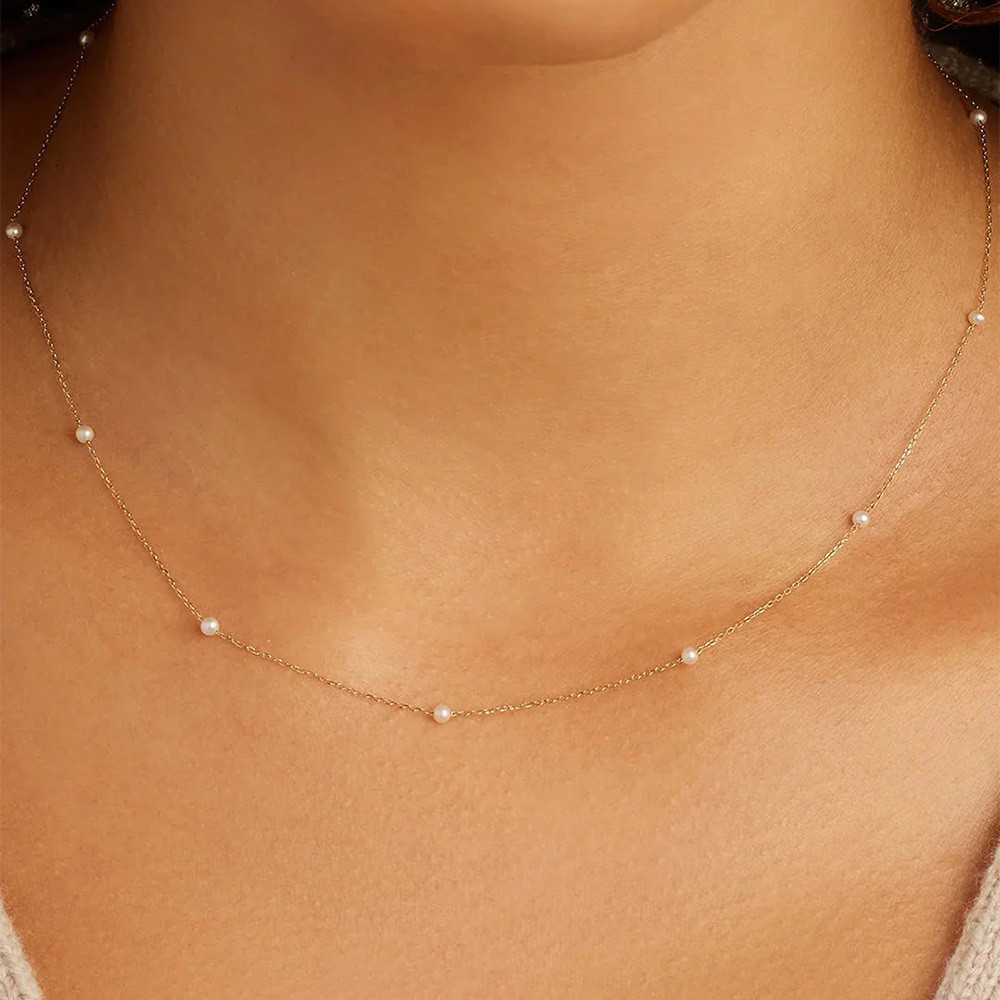 925 Sterling Silver Dainty Pearl Bead Station Chain Necklace for Women