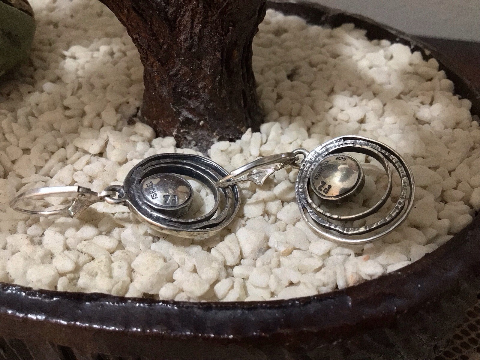PZ ISRAEL 925 Sterling Silver Cultured Teal Pearl Triple-Circle Earrings 5g EUC