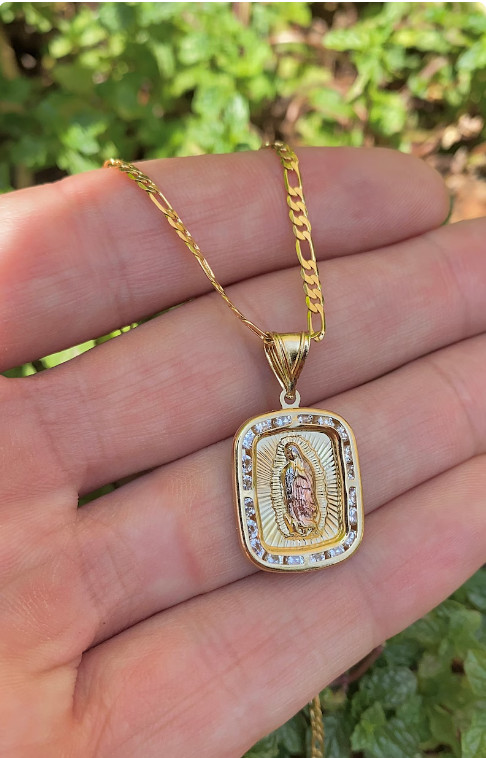 14K Gold Filled CZ Virgem Guadalupe Necklace Figaro Chain Cadena Mujer y Hombre