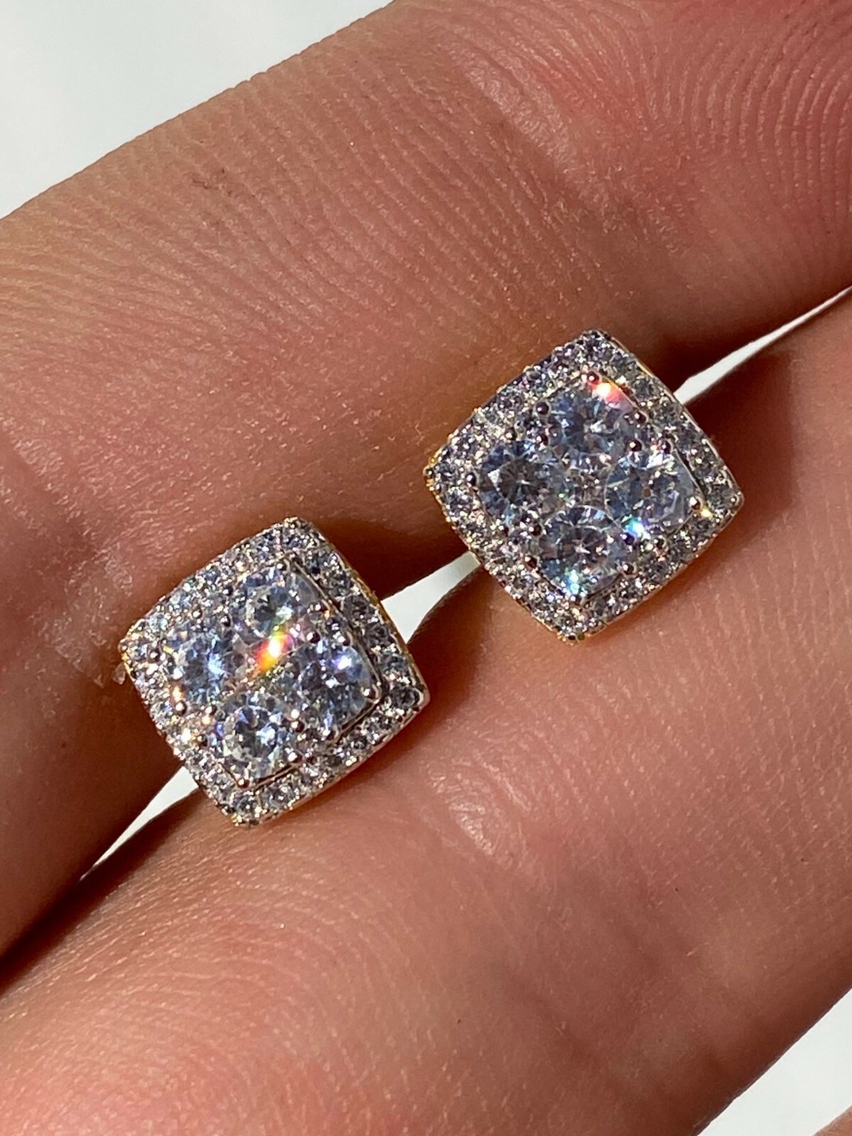 Aretes Cuadrados De Plata de Ley 925 SOLIDA Con Diamanates HipHop bañado en 14K