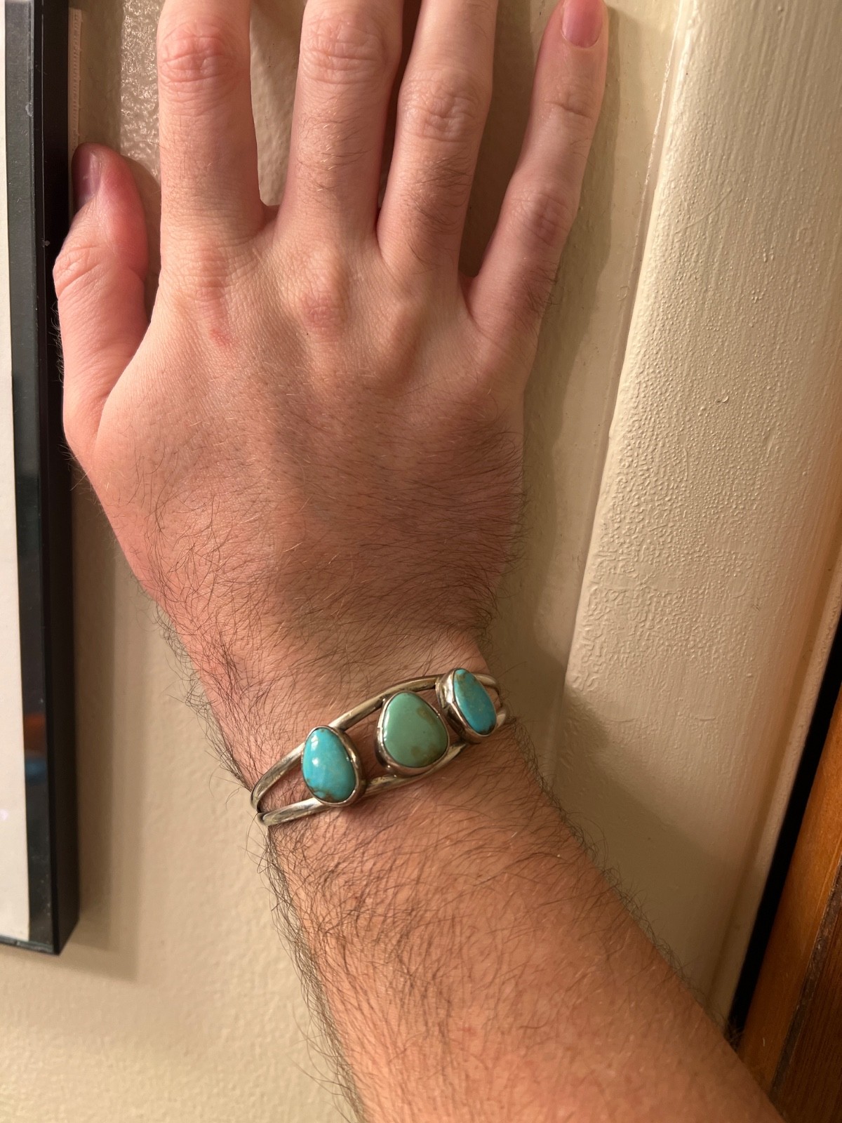 Real 3 Stone Turquoise, SW Alpaca Turquoise Cuff Adult- Medium Bracelet
