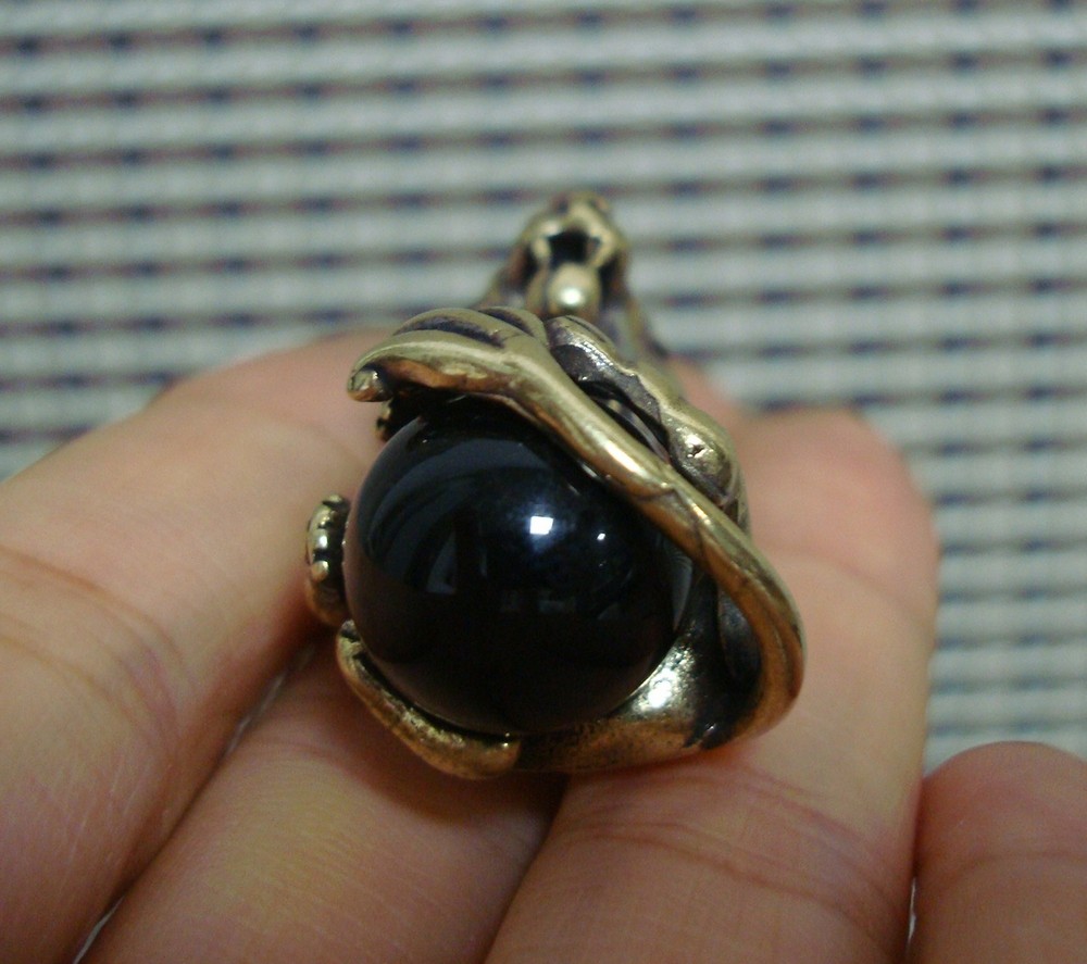 Pure Brass Lion Holding Black Ball Charm Pendant Vintage Style Bags Charms