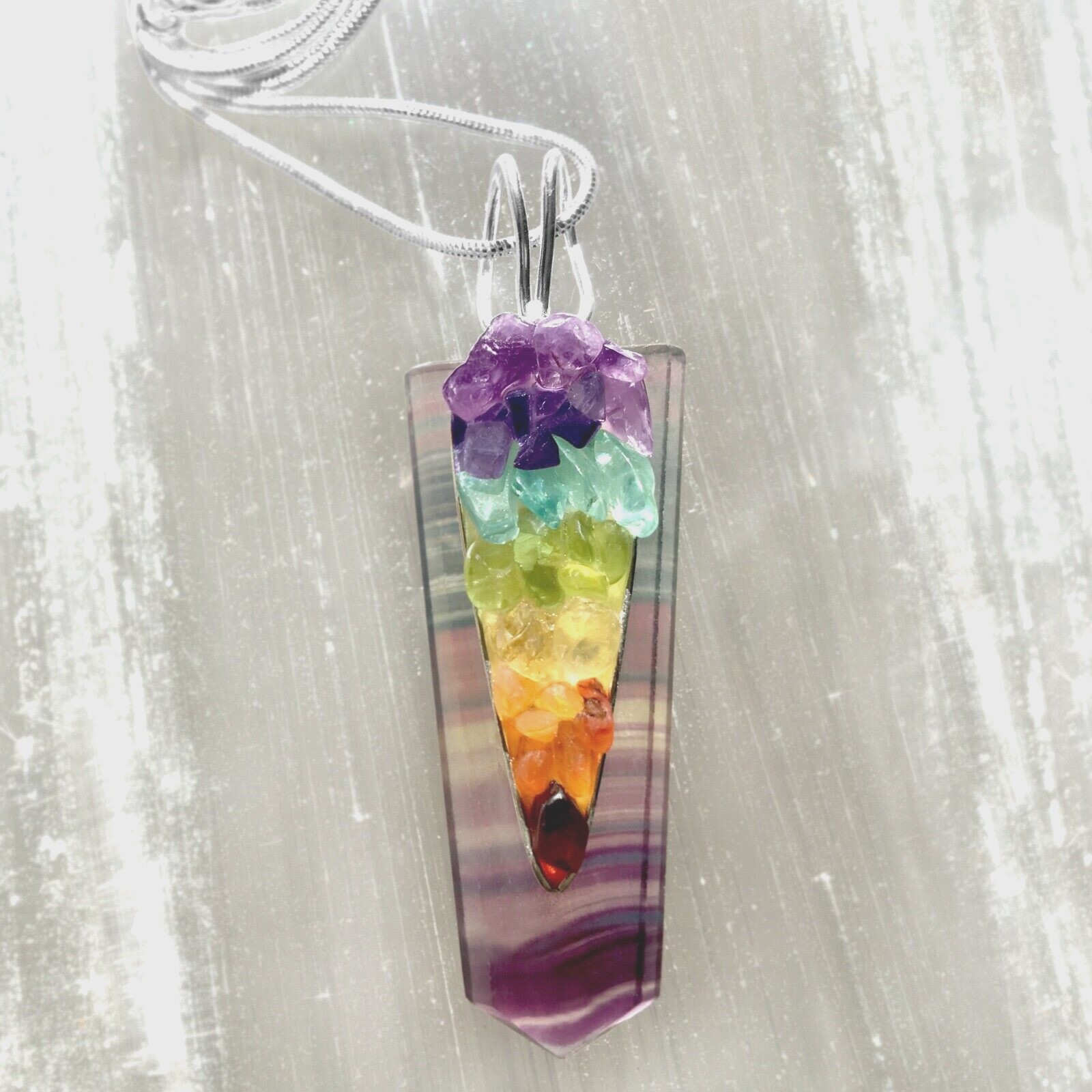 Rainbow FLUORITE Crystal 7 Chakra Pendant CHARGED Sterling Silver Necklace Reiki