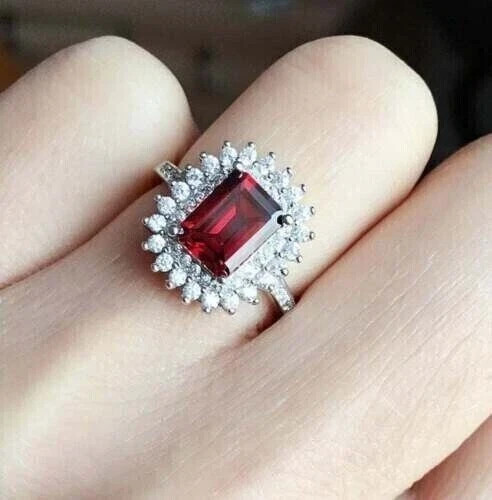 4.20Ct Emerald Cut Cut Natural Red Ruby & Diamond 14K White Gold Wedding Ring