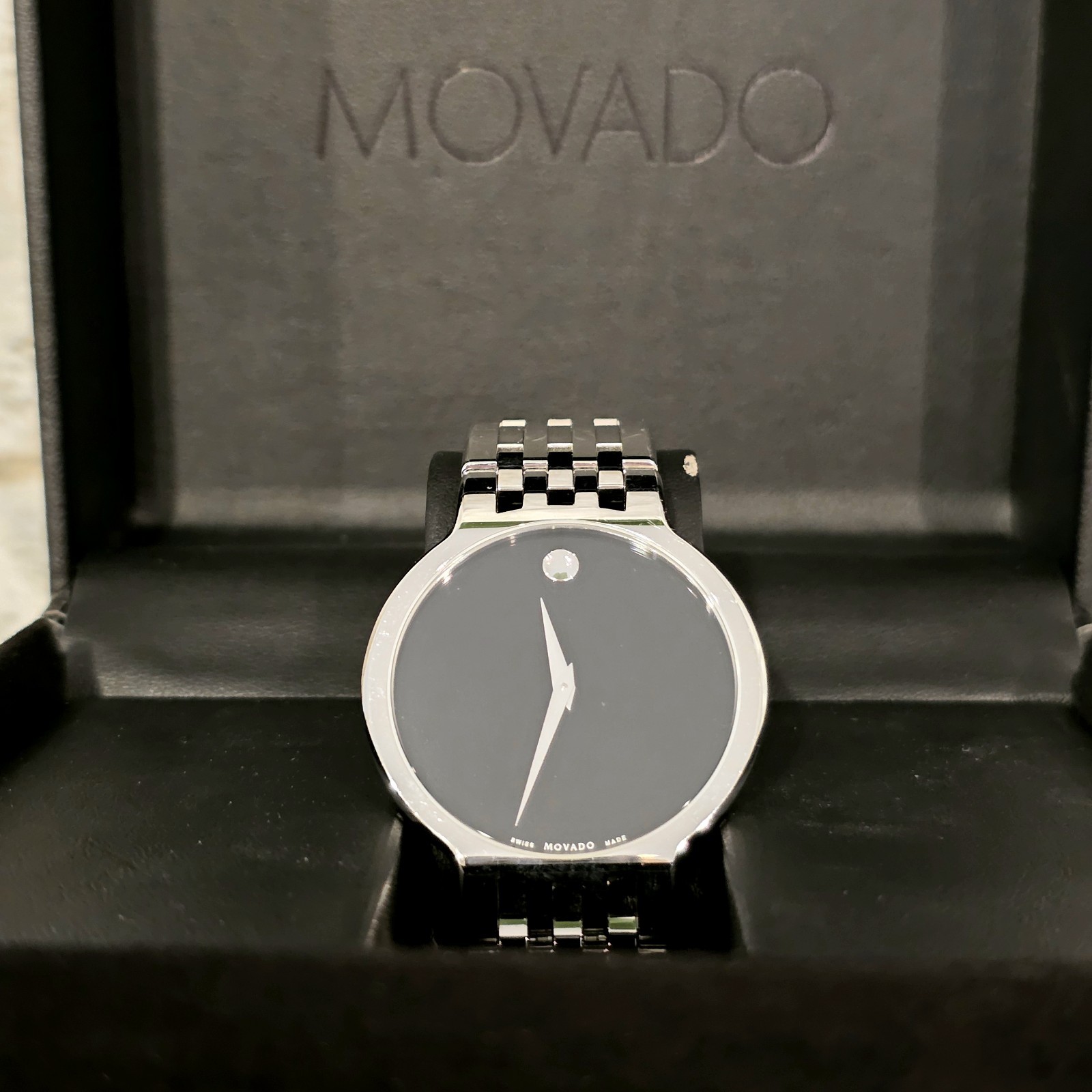 Movado Swiss Made Stainless Steel Black Dial Sapphire Crystal Men Women Watch