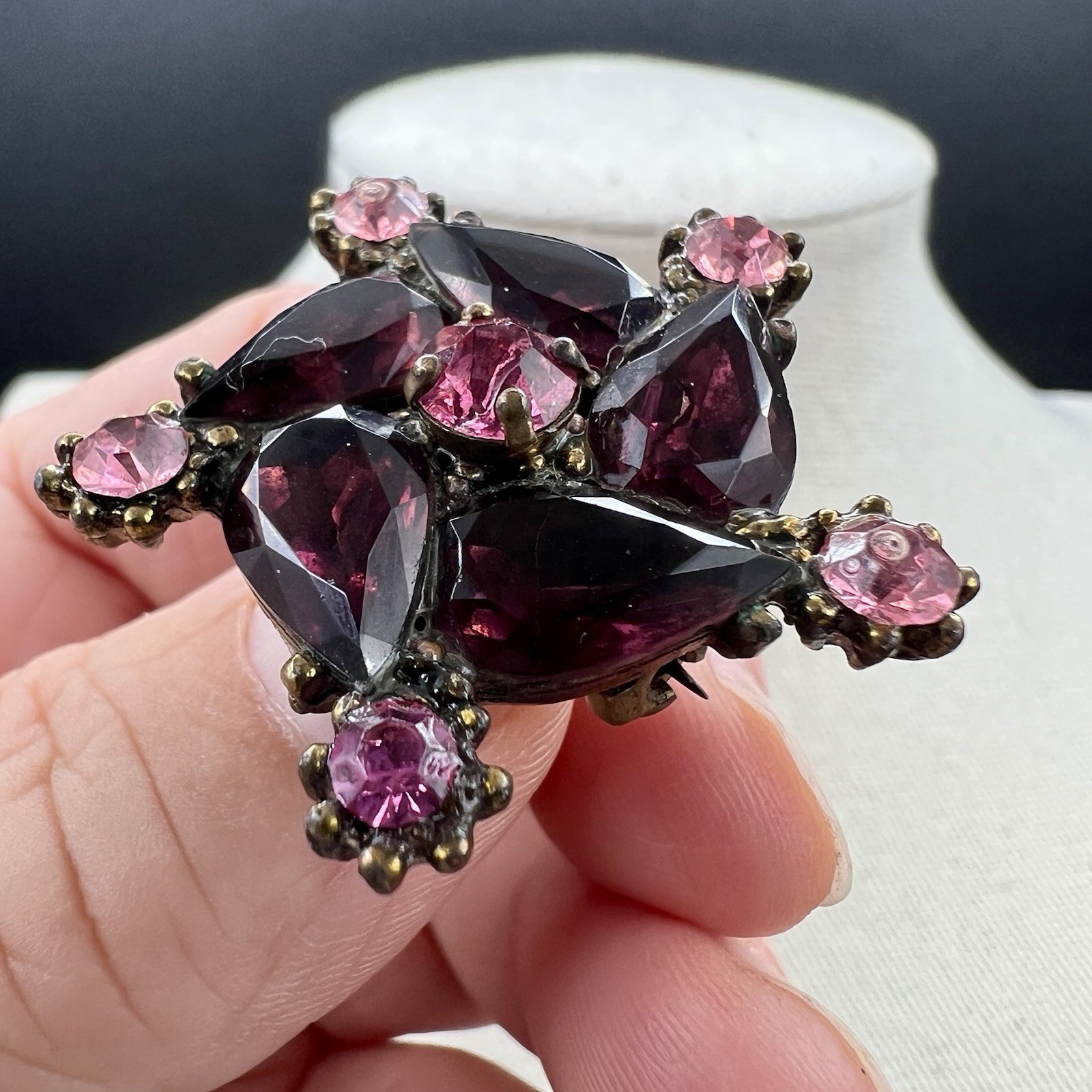 Vintage Plum Purple Navette Rhinestone Floral Statement Brooch Gold Tone