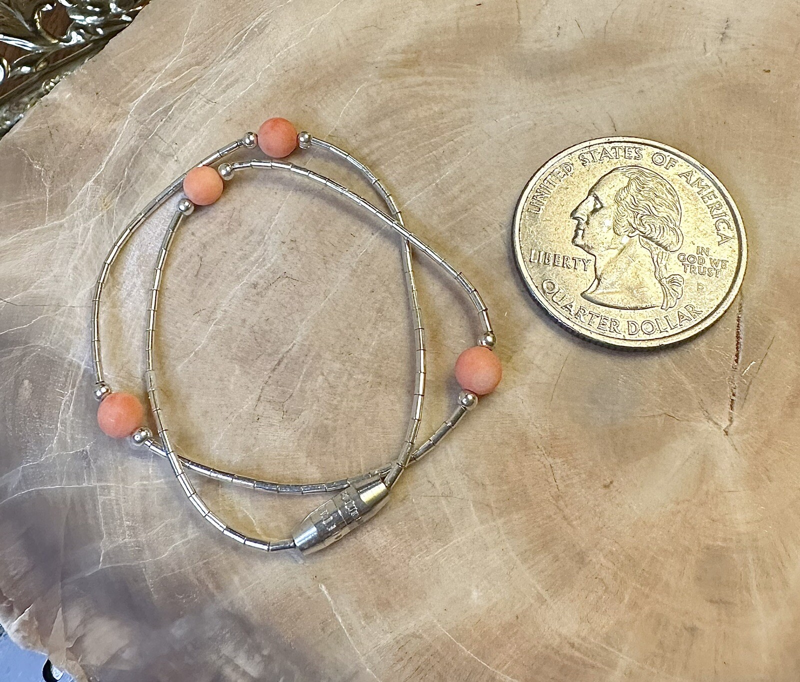 Vintage Orange Aventurine 925 Liquid Sterling Silver Bead Anklet 9.5 In