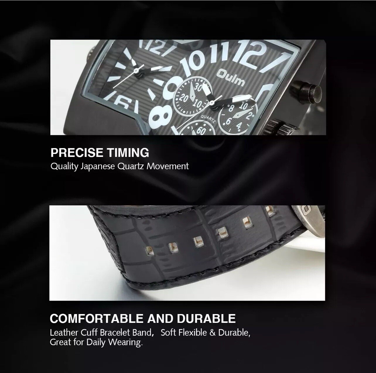 OULM Mens Casual Quartz Watches Dual Time Big Face Wide Leather Band Watch