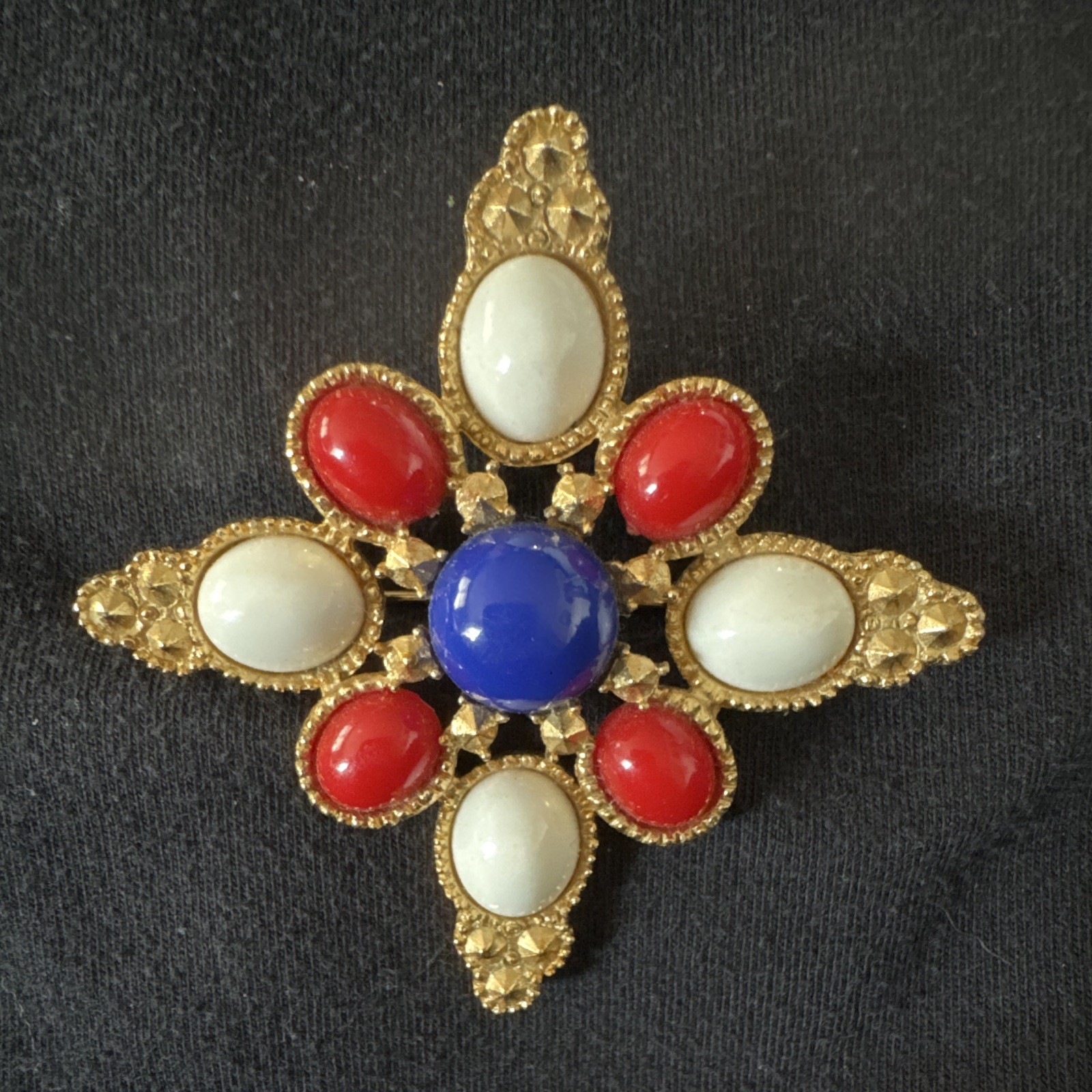 Sarah Cov Signed Gold Tone Cross Brooch Pin w/ Red White Blue Cabochons