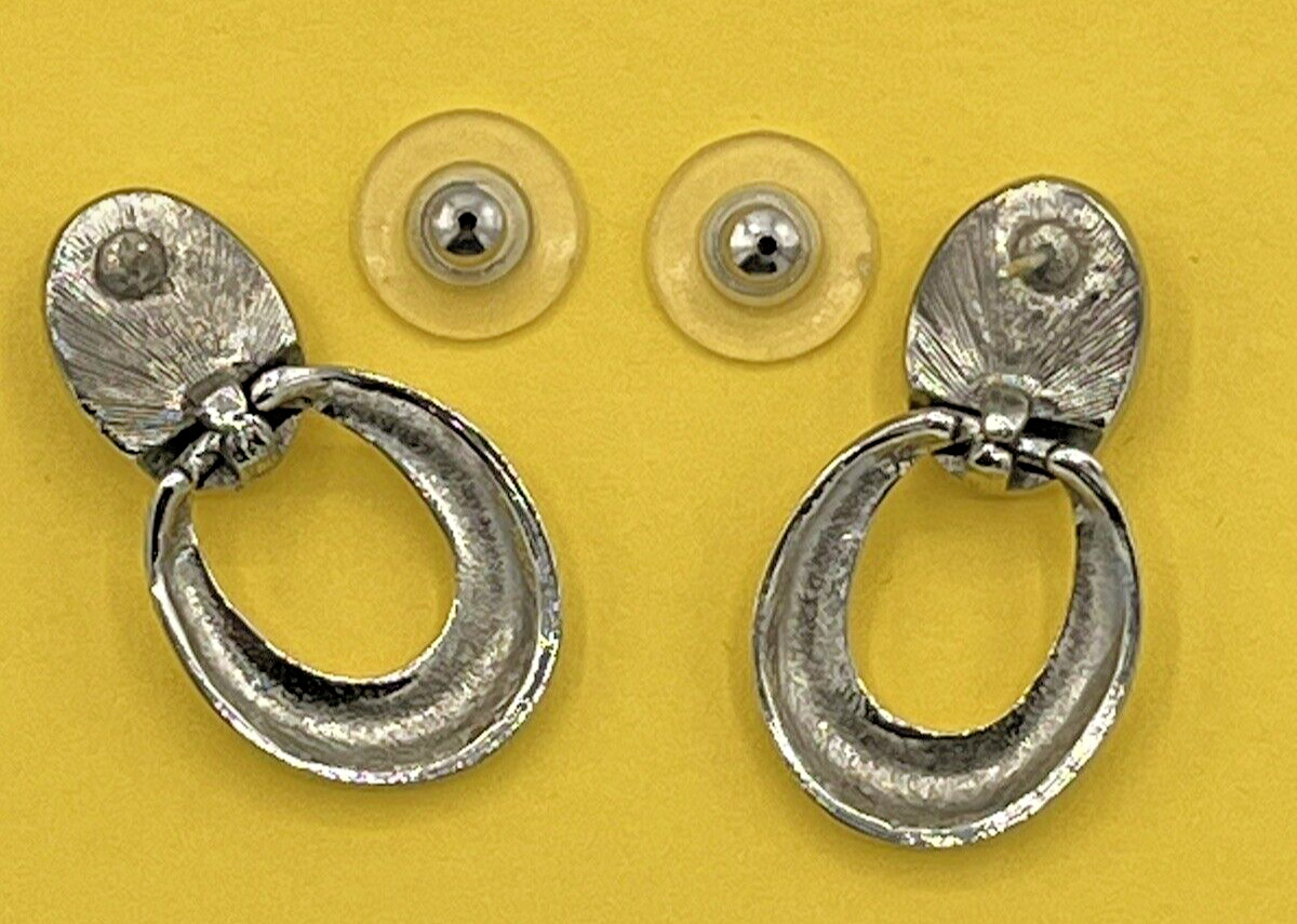 Silver Tone Dangle Moonstone Cream/Beige Post Earrings