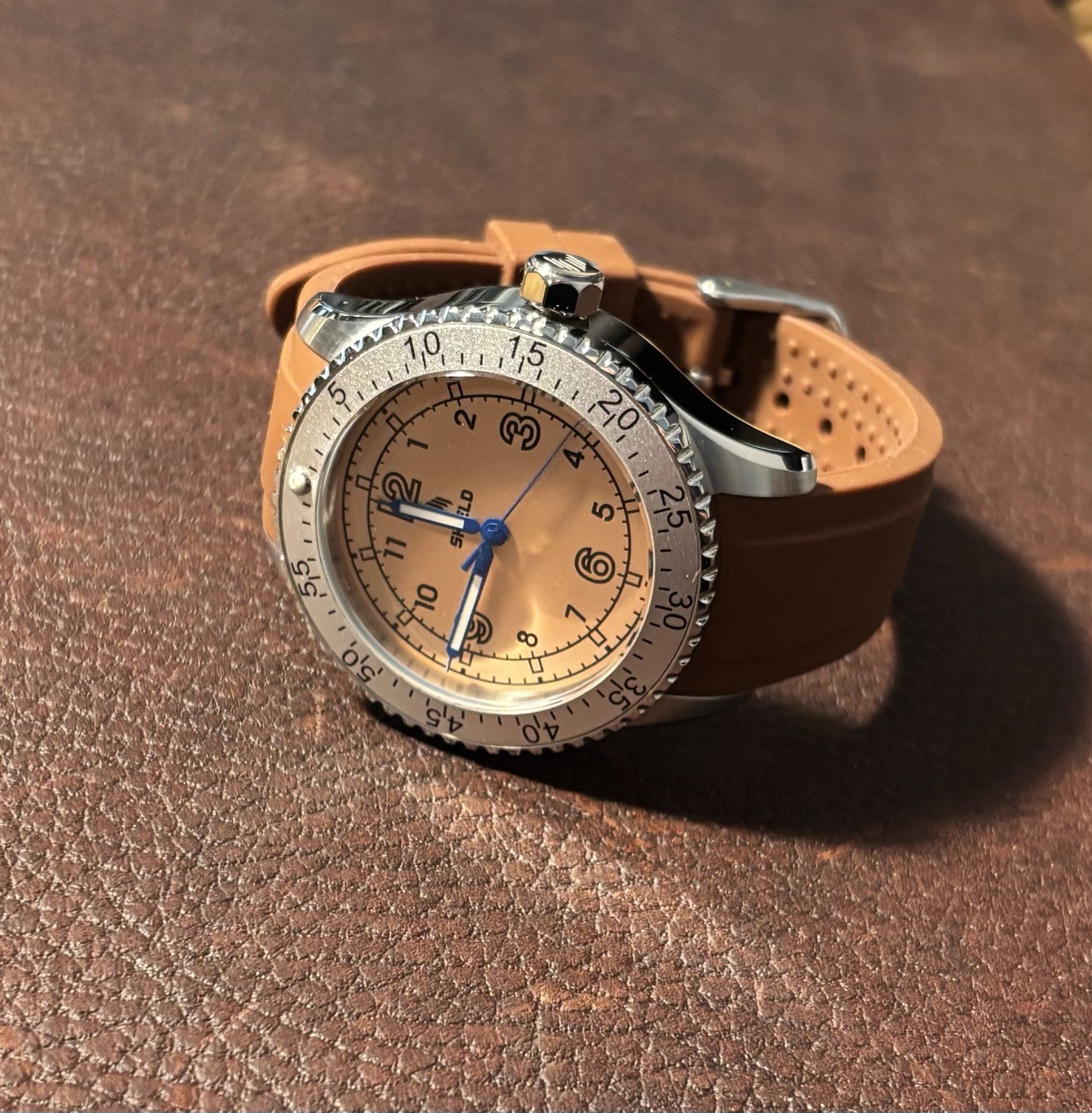 SHIELD Analog Japan Movement 200m Beige Dial Brown Silicone Strap w/Box