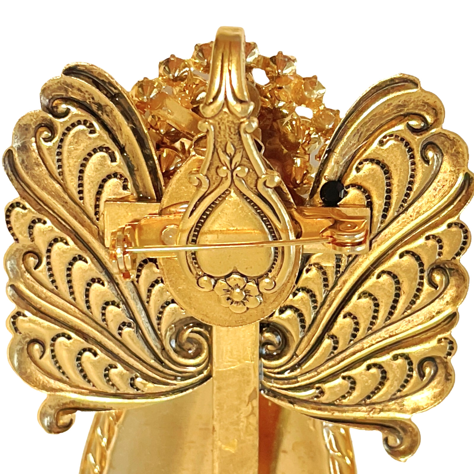 Large Artisan Angel Brooch Pendant – Rhinestone Head – Wings Bow w/ Hidden Cross