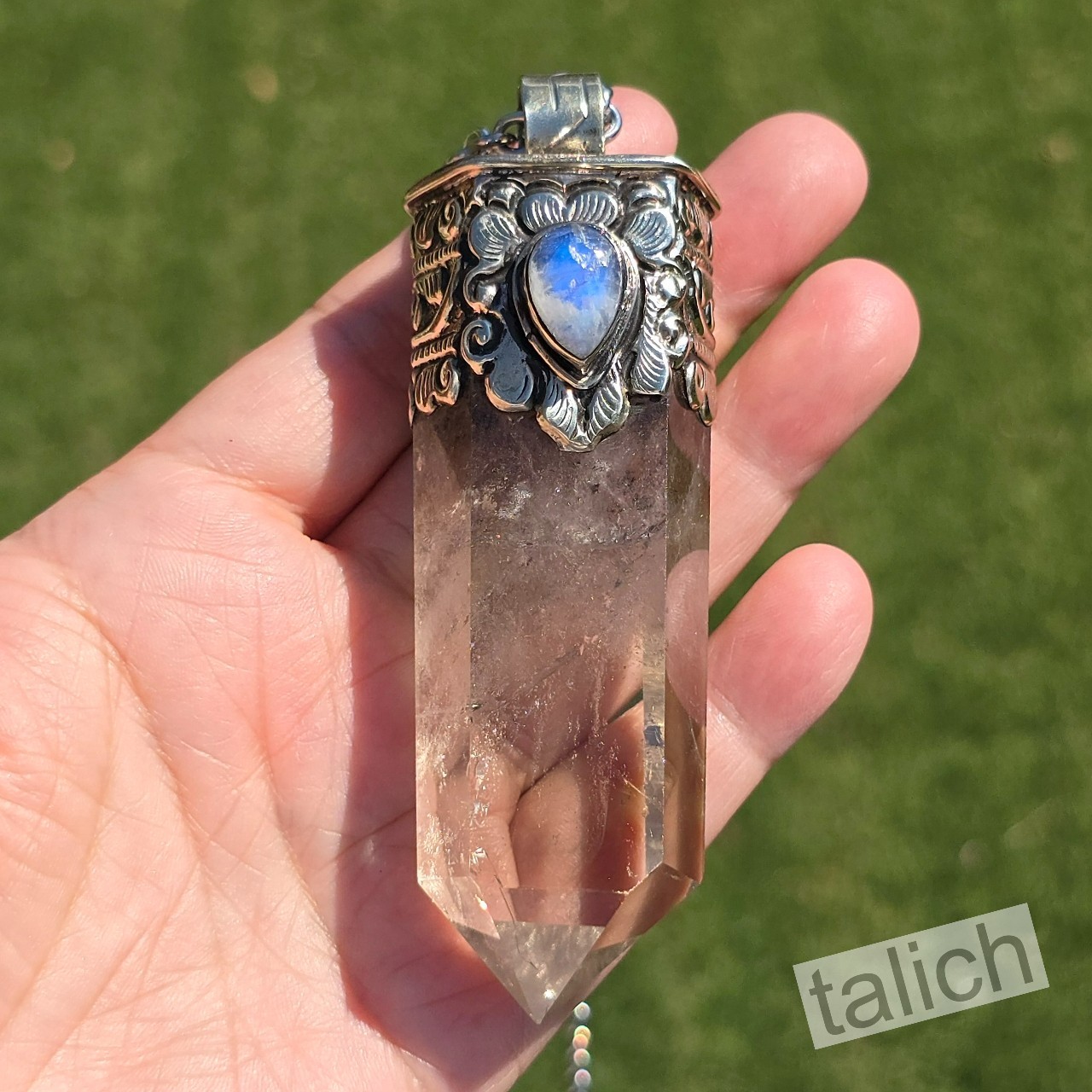 Large Natural Smoky Quartz Crystal Point Moonstone Tibet Silver Pendant Necklace