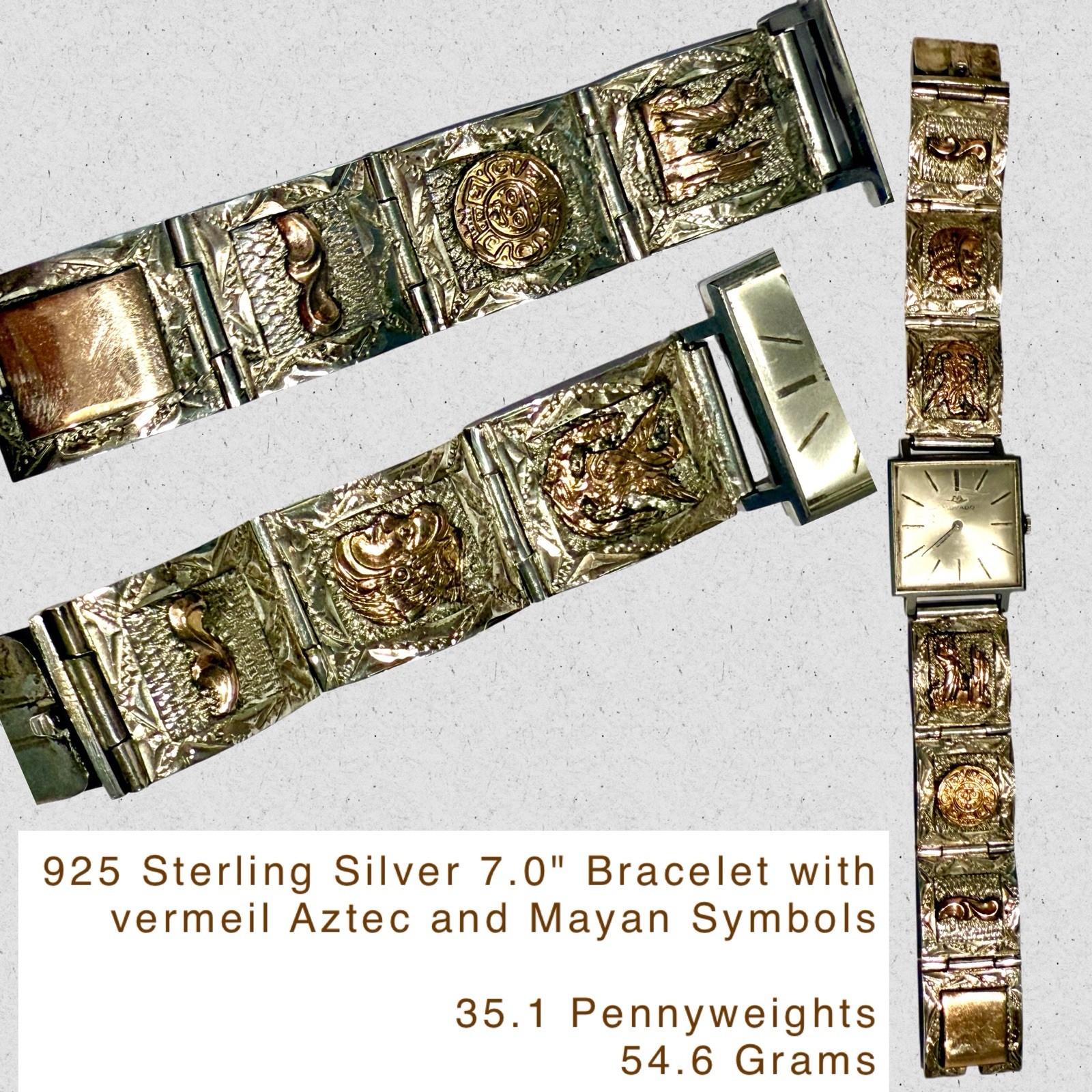 Vintage MOVADO 26mm Square| 925 Silver AZTEC & MAYAN Symbols 7.0″ Bracelet Watch