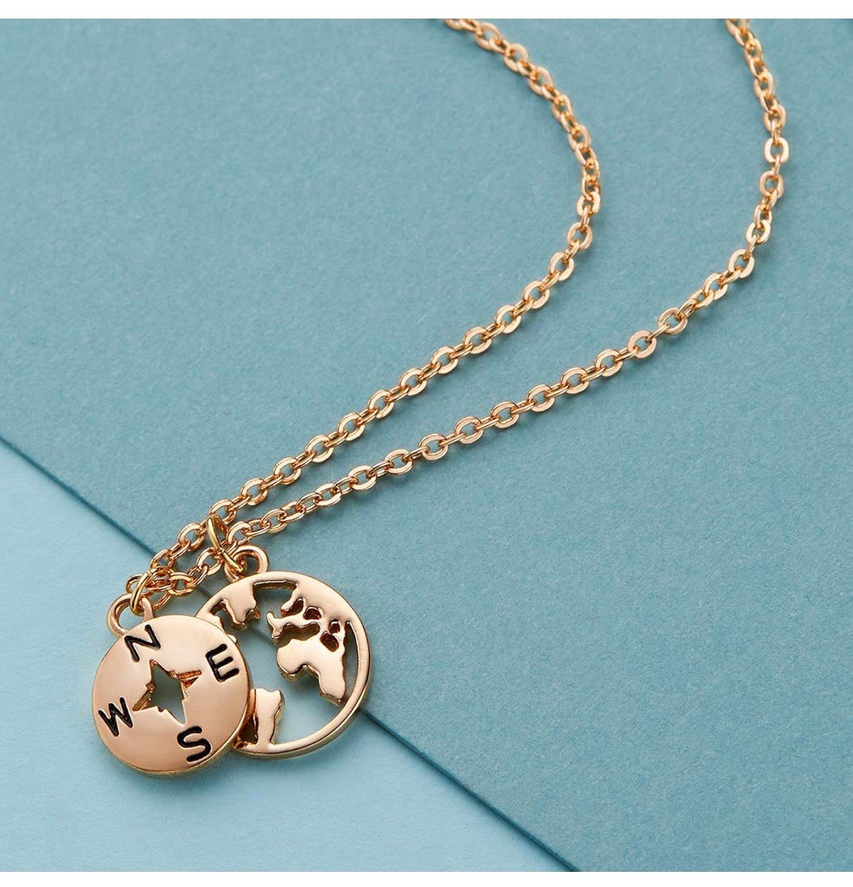 18k Gold Plated Compass World Map Pendant Necklace For Traveler Graduation Gift