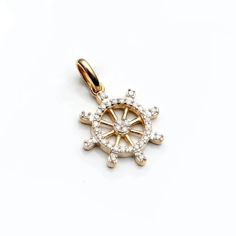 14K Yellow Gold Plated Ship Wheel Charm Pendant 1Ct Real Moissanite Round Cut