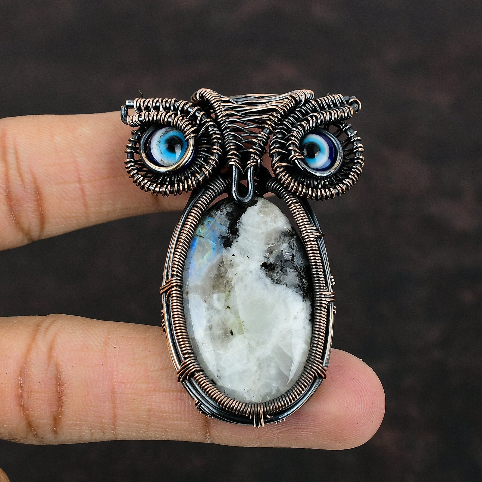 Rainbow Moonstone Wire Wrapped Owl Pendant Handcrafted Copper Unique Gift 2.36″