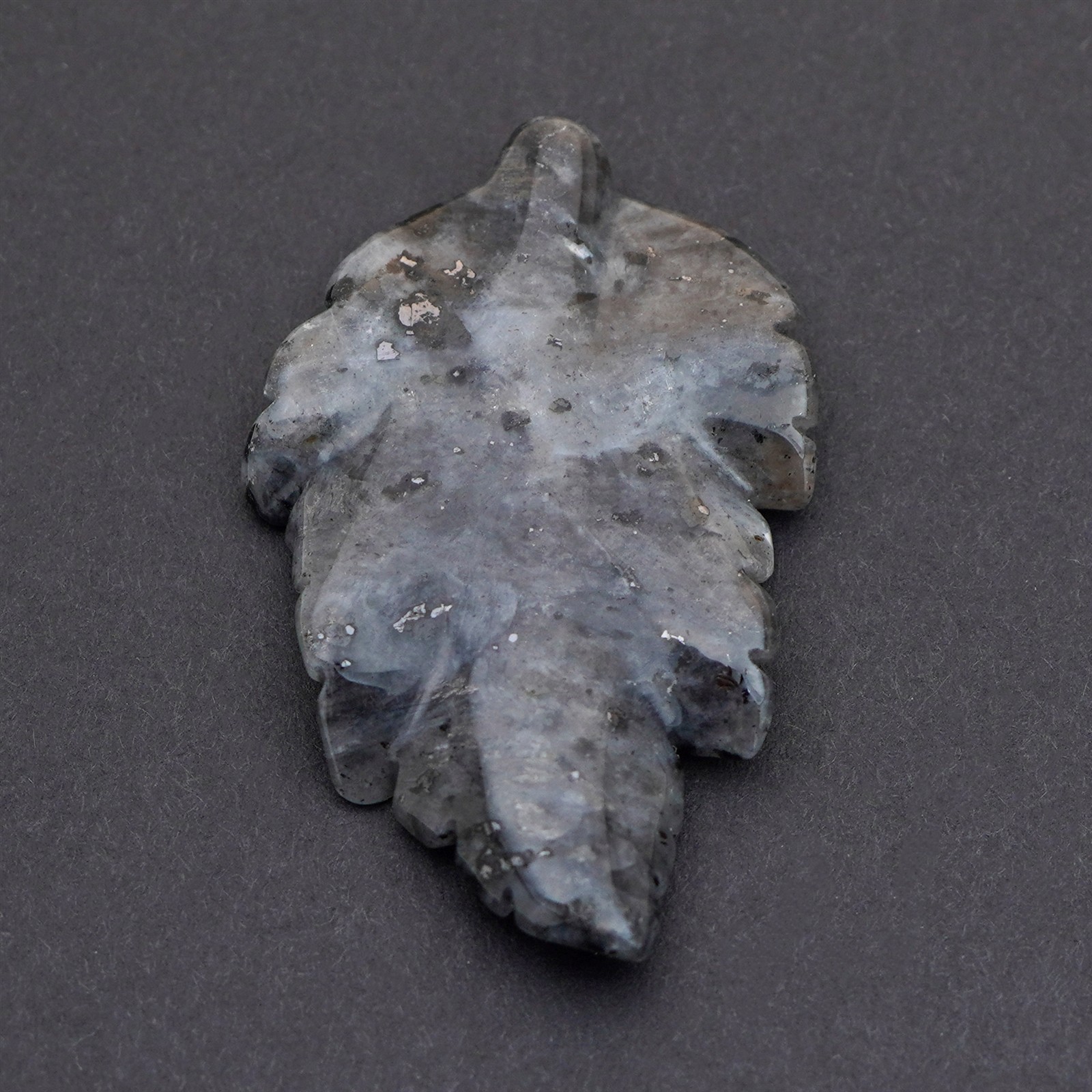 Long carved grey Norwegian moonstone leaf pendant top drill larvikite stone 41mm
